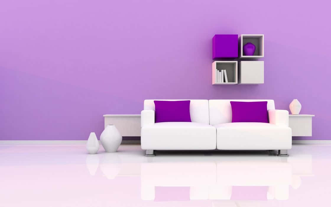 Purple Decor 桌布 壁紙 — 一張簡約風格的白色梳化配紫色咕𠱸，放置在時尚的紫色房間中，配有浮動層架和反光地板。