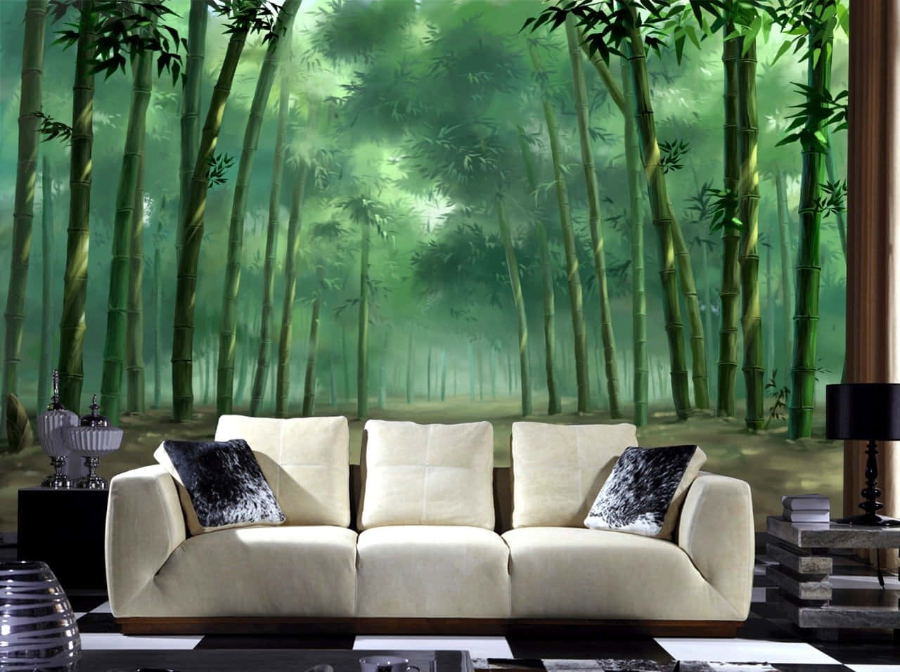 3d Forest 桌布 壁紙 — 一張米色梳化放在現代房間中，前面是生動的綠色竹林壁畫，地板是黑白格仔圖案。