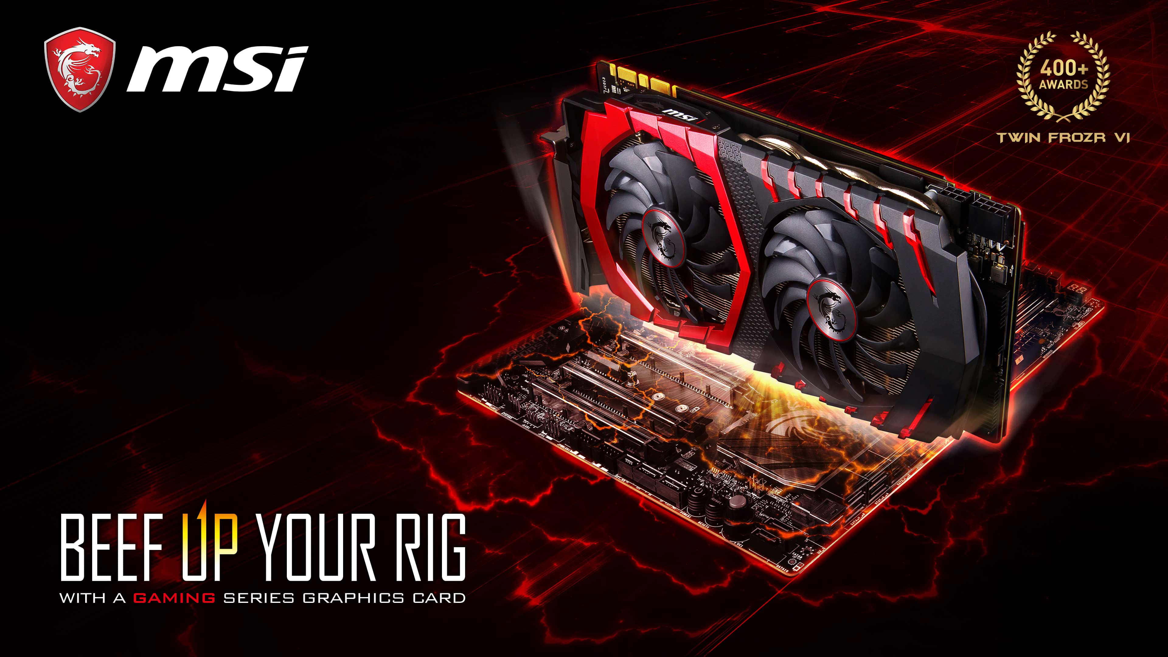 4K Graphics Cards 桌布 壁紙 — 一張紅黑色的MSI Twin Frozr VI顯示卡在黑暗背景中散發出火熱能量，並帶有電光紅色的閃電效果。