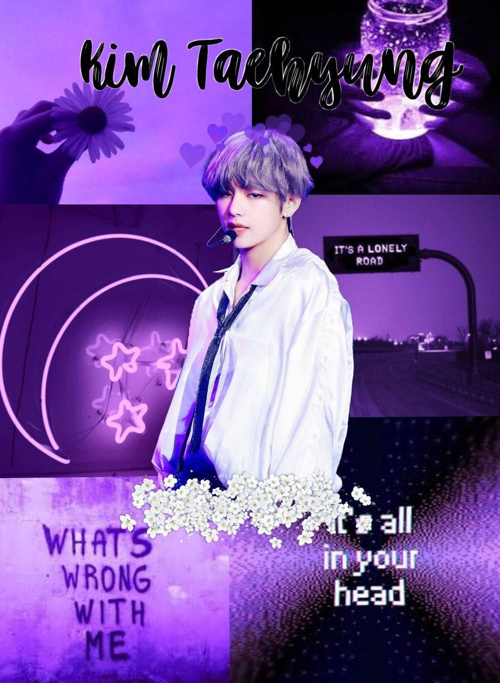 v 桌布 壁紙 — 一張紫色調的拼貼畫， featuring Kim Taehyung，帶有霓虹星星和文字疊加，呈現夢幻、憂鬱的美感。