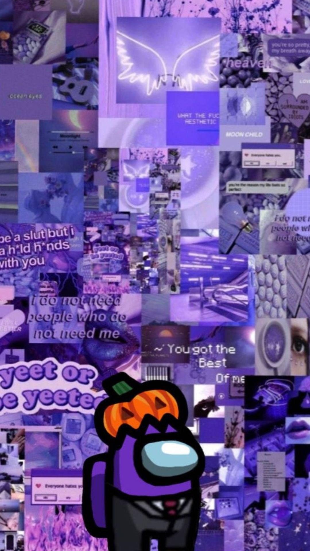 紫色數碼拼貼， Among Us 角色戴著南瓜頭和文字疊加。 — 美學版 among US GIF 壁紙