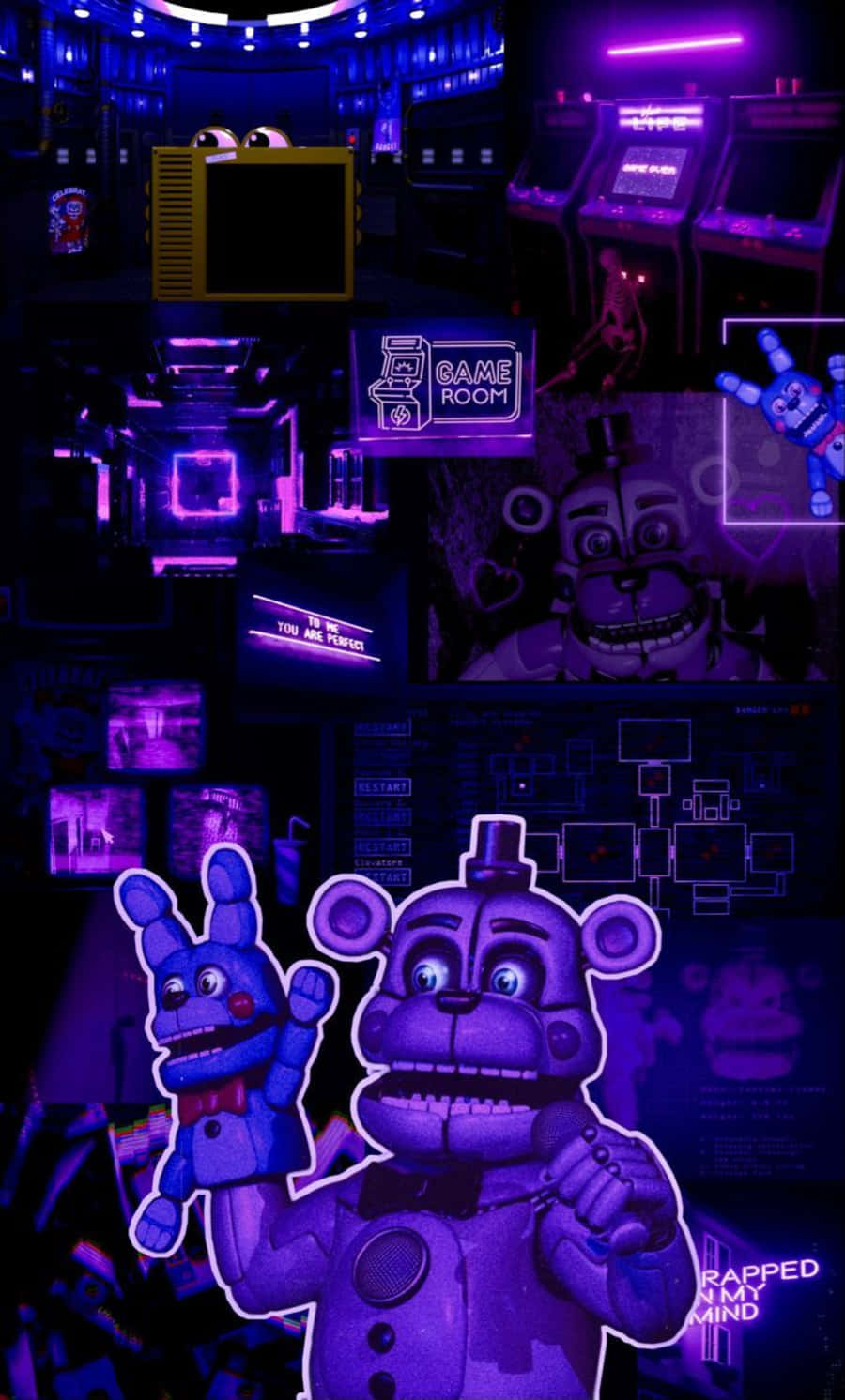 Funtime Freddy 桌布 壁紙 — 一張紫色調的遊戲室拼貼畫， featuring Freddy Fazbear 和 Bonnie，以及街機和發光的霓虹燈招牌。