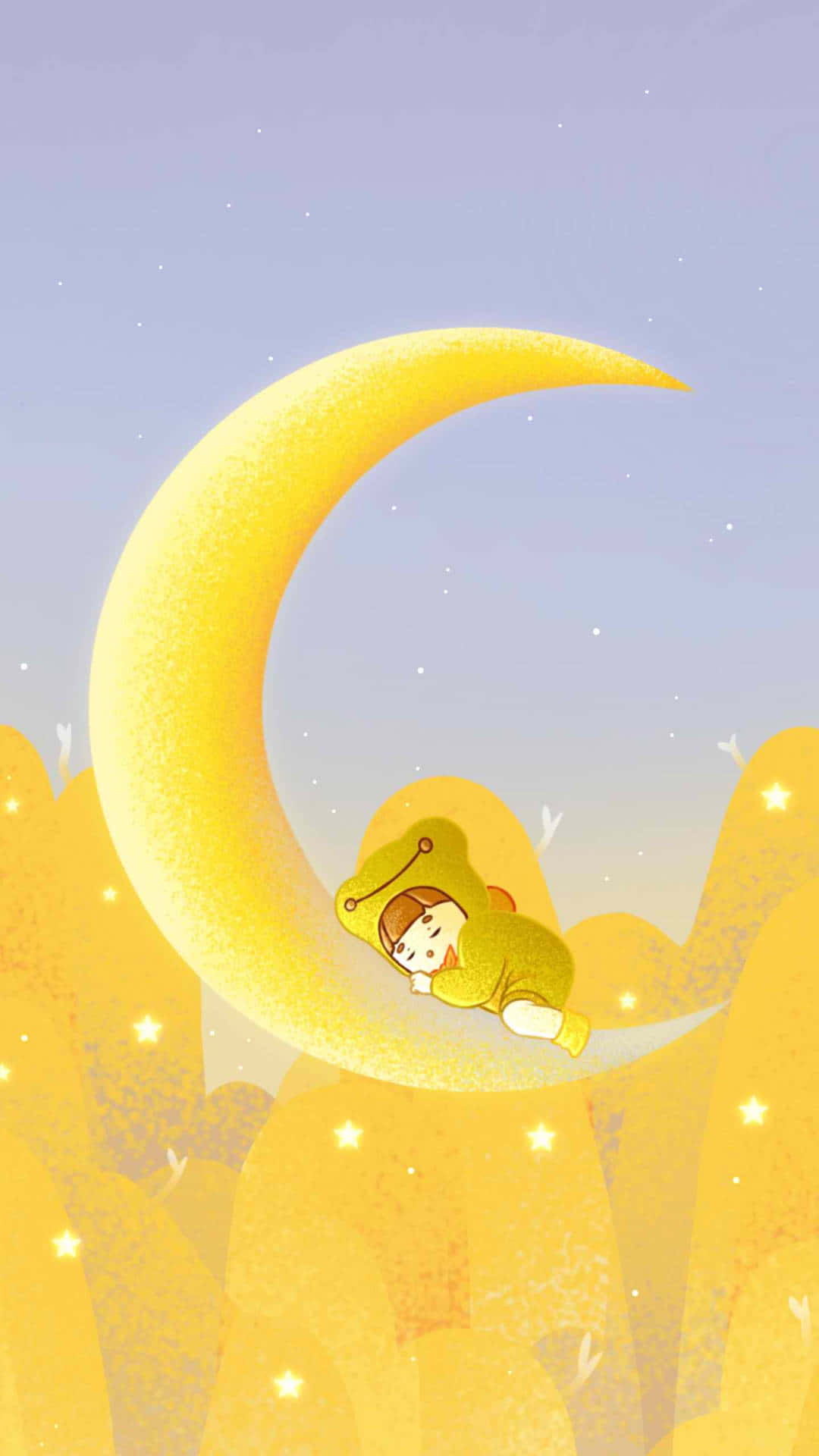 一個穿著綠色太空衣的小孩在星空下的閃爍彎月上睡覺。