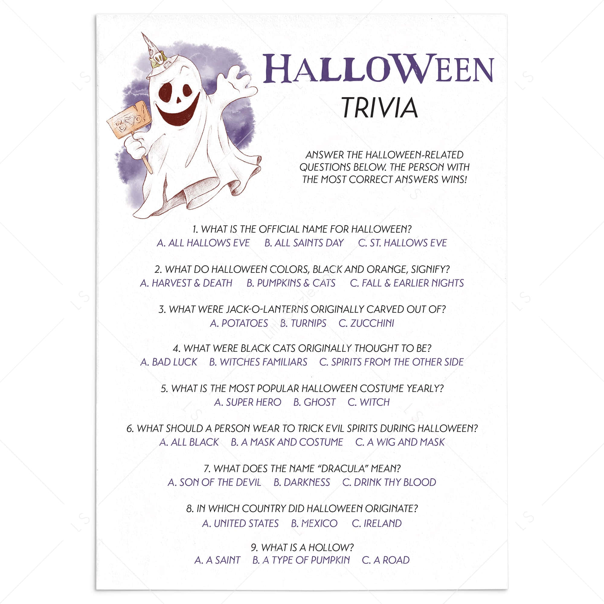 Halloween Trivia 桌布 壁紙 — 一張萬聖節問答遊戲紙，上面有一個卡通鬼魂在紫色水彩背景上舉著牌子。