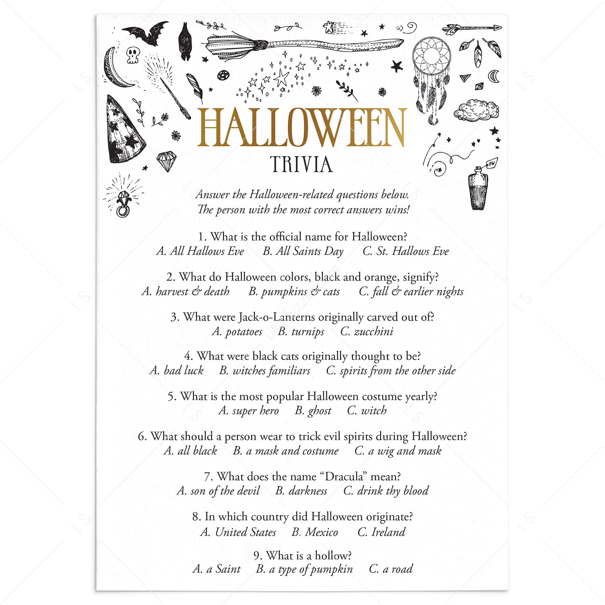 Halloween Trivia 桌布 壁紙 — 一張萬聖節問答遊戲紙，帶有恐怖塗鴉和金色字體，背景為白色。