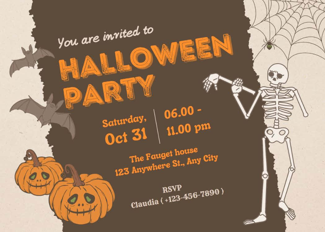 Halloween Invitations 桌布 壁紙 — 一張萬聖節派對邀請函，上面有骷髏、蝙蝠、南瓜燈和蜘蛛網，背景是撕破的紙張。