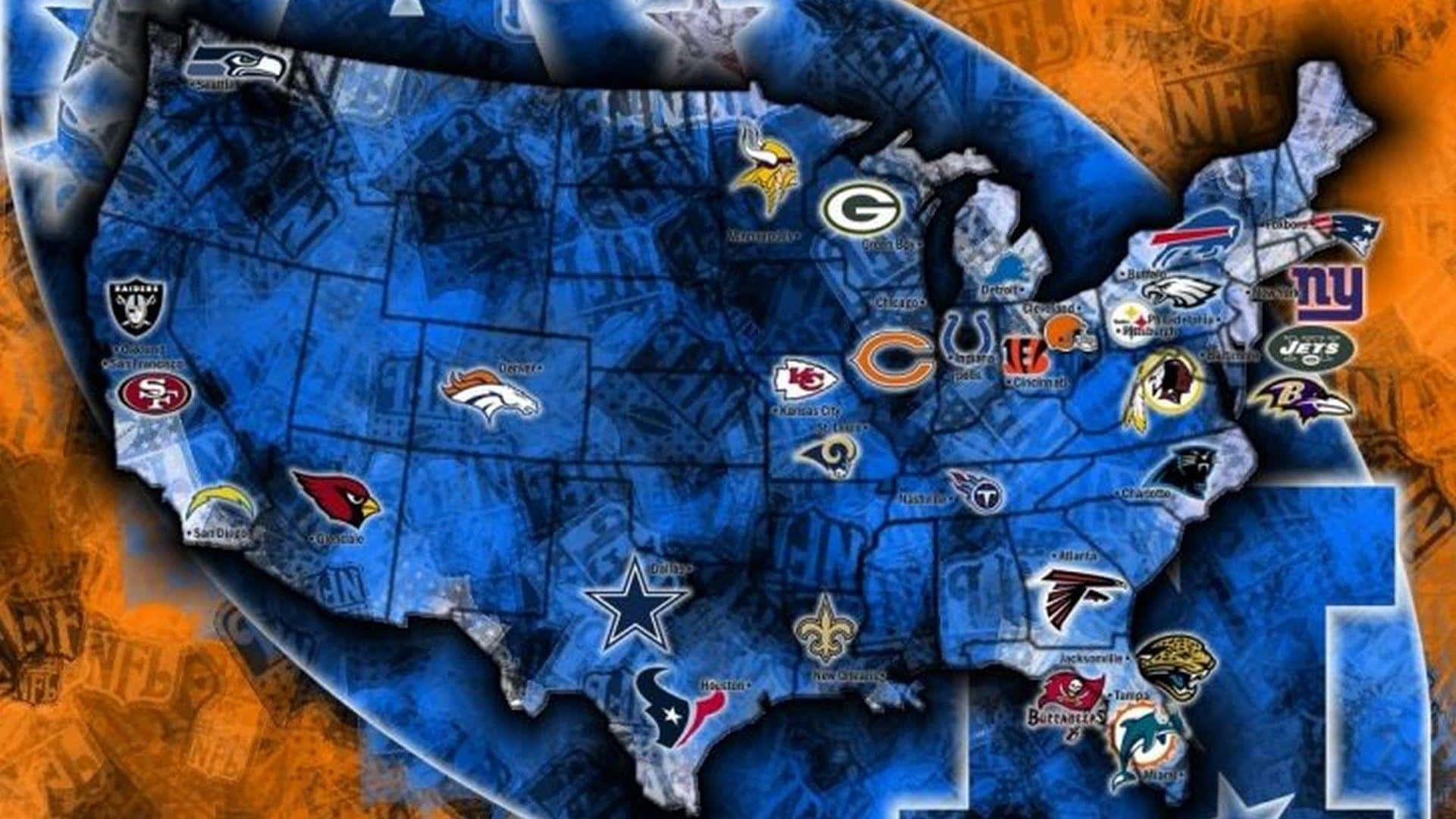 Cool Football 桌布 壁紙 — 一張藍色紋理的美國地圖，NFL球隊標誌釘在其主場城市上，背景為橙色。
