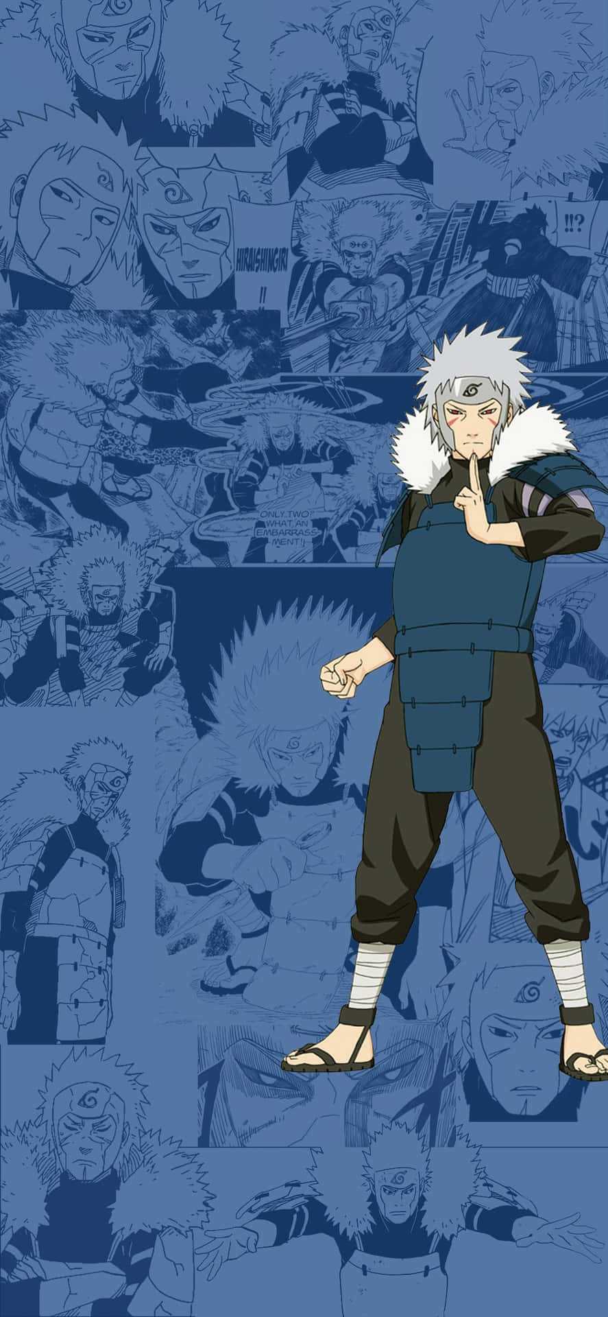 tobirama senju 桌布 壁紙 — 一張藍色調的動漫壁紙，中央有一個白髮、穿著毛皮襯裡斗篷的忍者角色，周圍環繞著他各種表情和姿勢的漫畫面板。