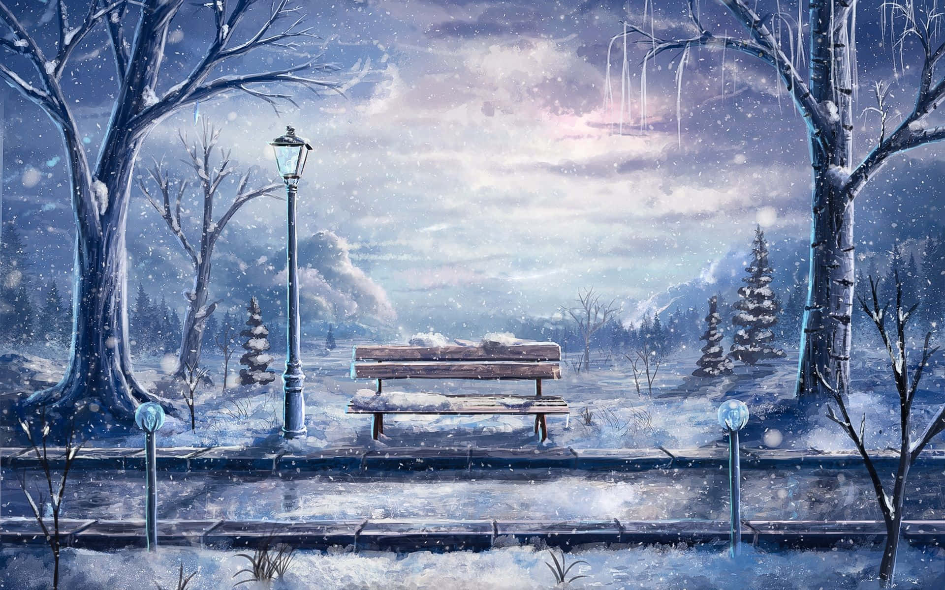 Winter Painting 桌布 壁紙 — 一張被雪覆蓋的公園長椅獨自坐在飄落的雪花下，周圍是光禿禿的樹木和結冰的樹枝，映襯著暮色天空。
