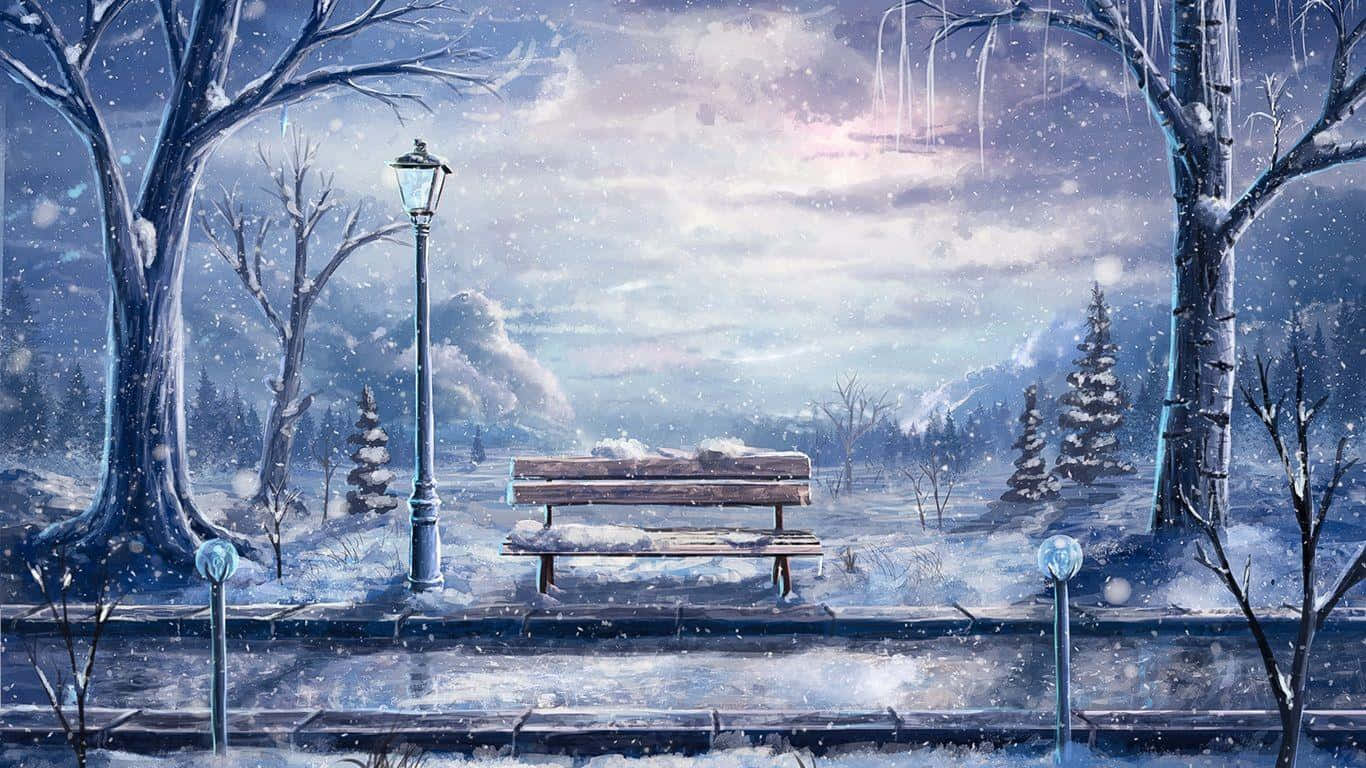 Winter Art 桌布 壁紙 — 一張被雪覆蓋的木製長椅孤獨地坐在冬日公園裡，雪花飄落，樹木光禿，冰柱掛在樹枝上。