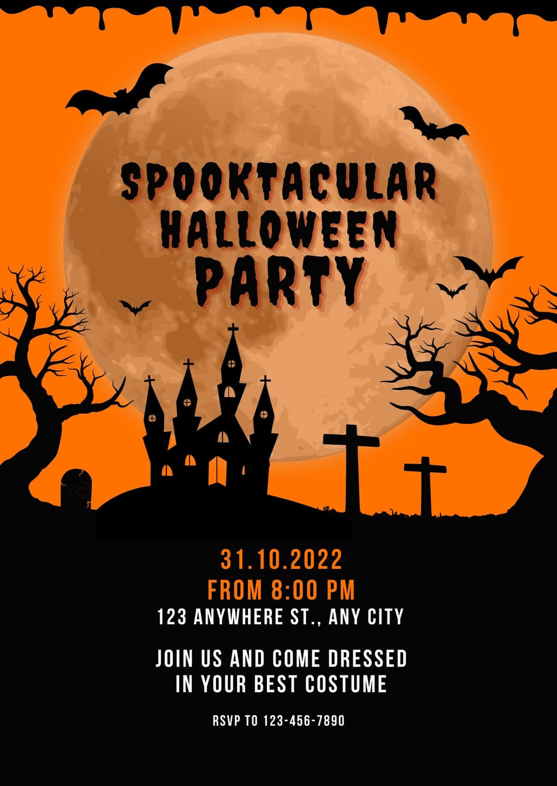 Halloween Invitations 桌布 壁紙 — 一張詭異的萬聖節派對海報，特色是巨大的橙色月亮、剪影的鬼屋城堡、蝙蝠和光禿禿的樹木，背景是充滿活力的橙色天空。
