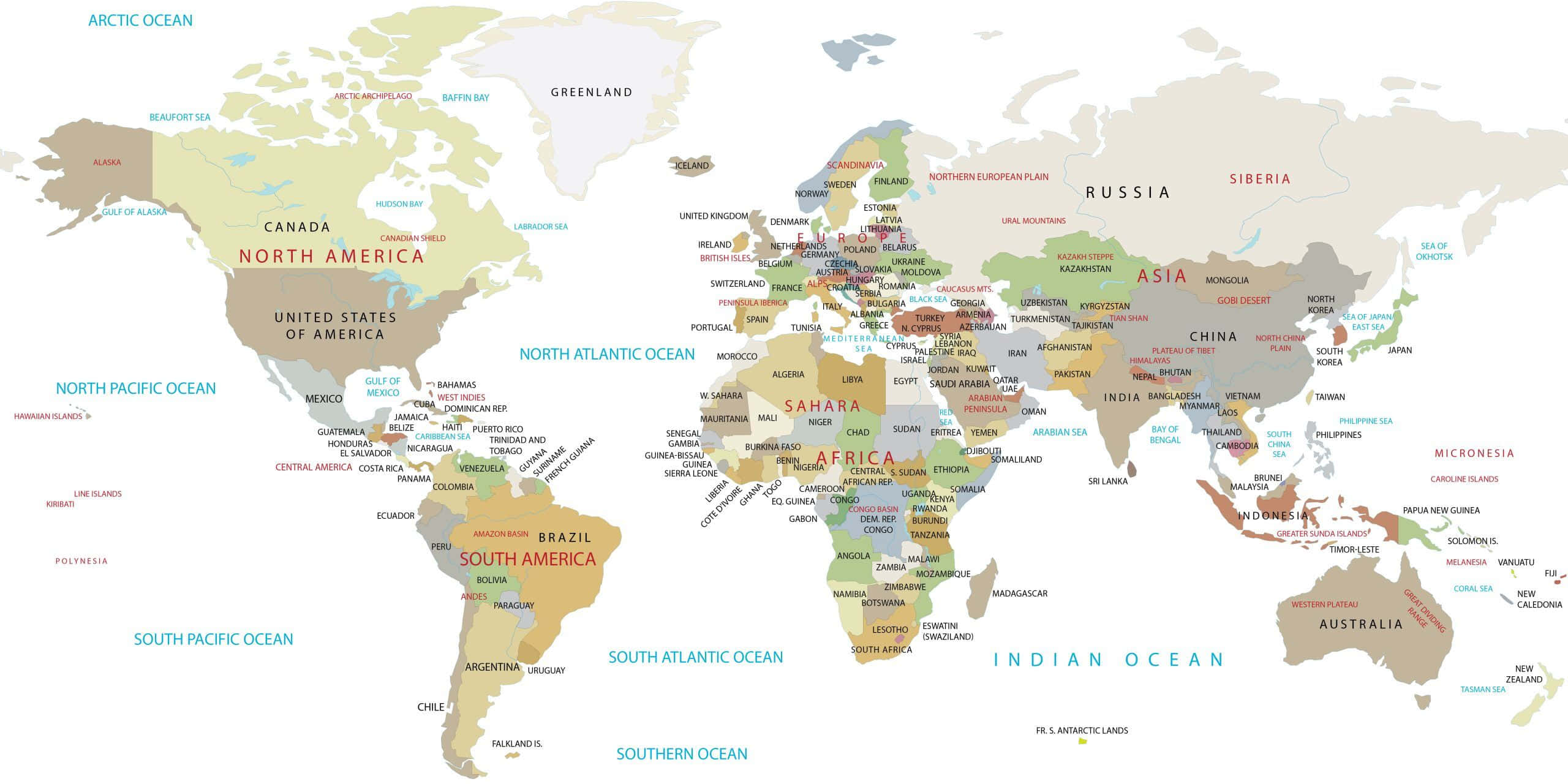 World 桌布 壁紙 — 一張詳細的世界地圖，大陸、國家和海洋以柔和的土色調標示在乾淨的白色背景上。