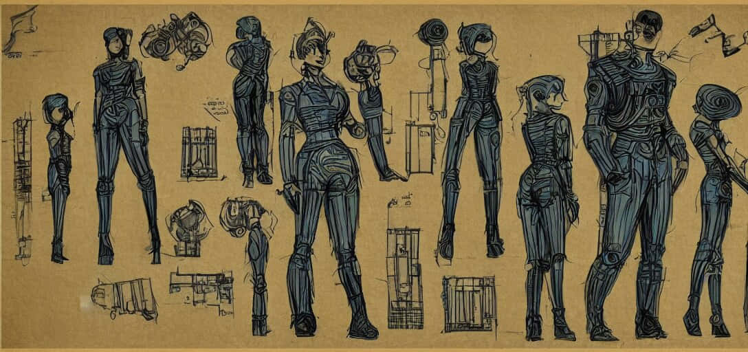 Bioshock Characters 桌布 壁紙 — 一張詳細的角色設計表，包含多個視角，展示一個未來風格的裝甲人物，繪於舊羊皮紙上。