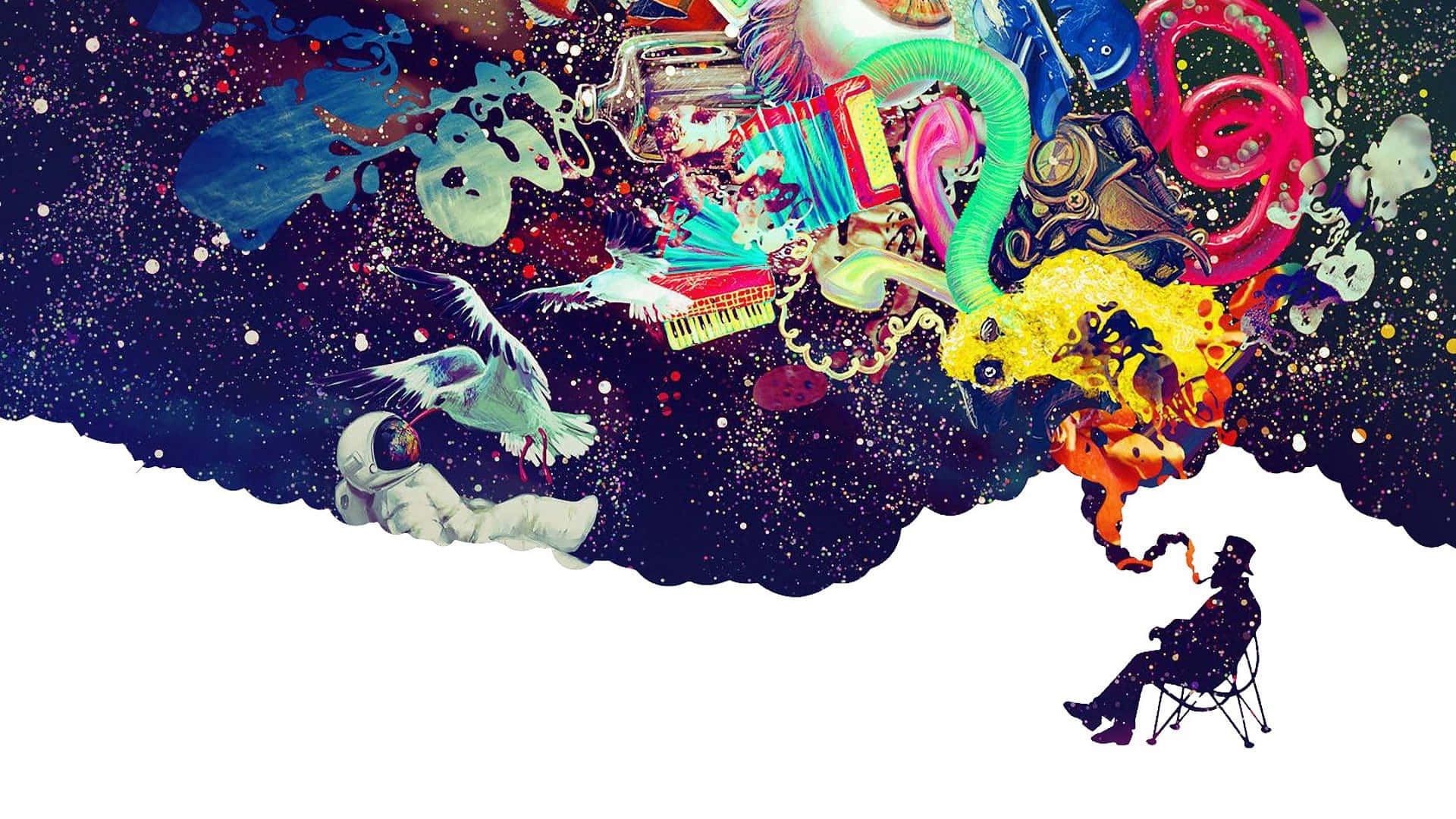 Trippy Space 桌布 壁紙 — 一張超現實的宇宙拼貼畫，描繪一個坐著的人物和太空人漂浮在充滿活力的混亂物體中，背景是星空虛空。