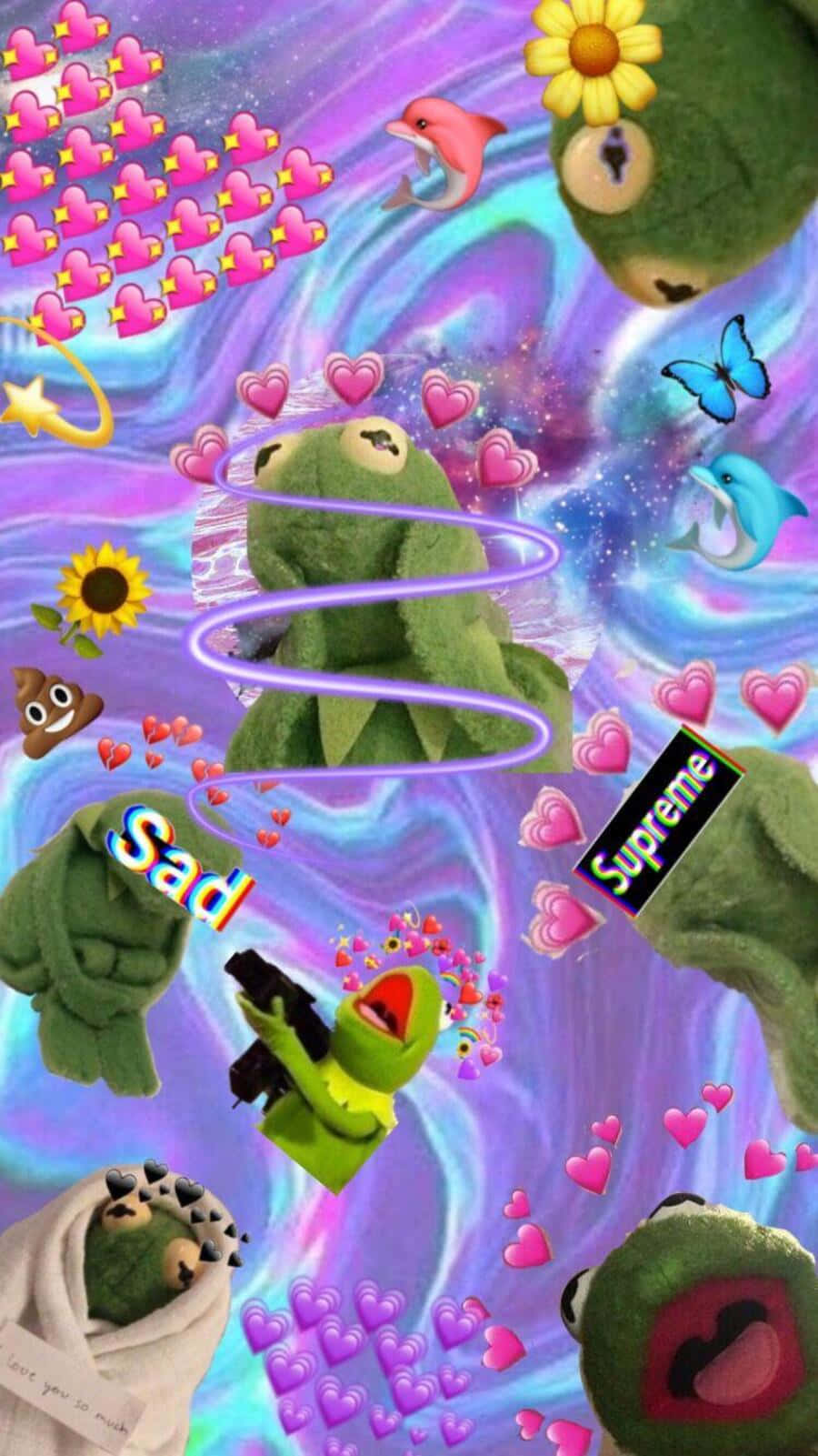 Aesthetic Frog 桌布 壁紙 — 一張超現實的宇宙牆紙， featuring Kermit the Frog 以多種姿勢出現，被心形、海豚、向日葵和 Supreme 標誌環繞，背景是旋轉的紫藍色星系。