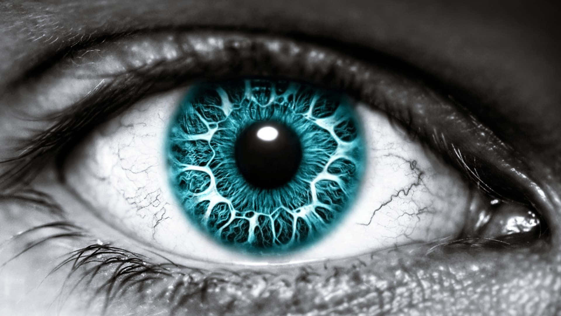 Eyes 桌布 壁紙 — 一張超詳細嘅人類眼睛特寫，帶有電光藍色虹膜同單色環境。