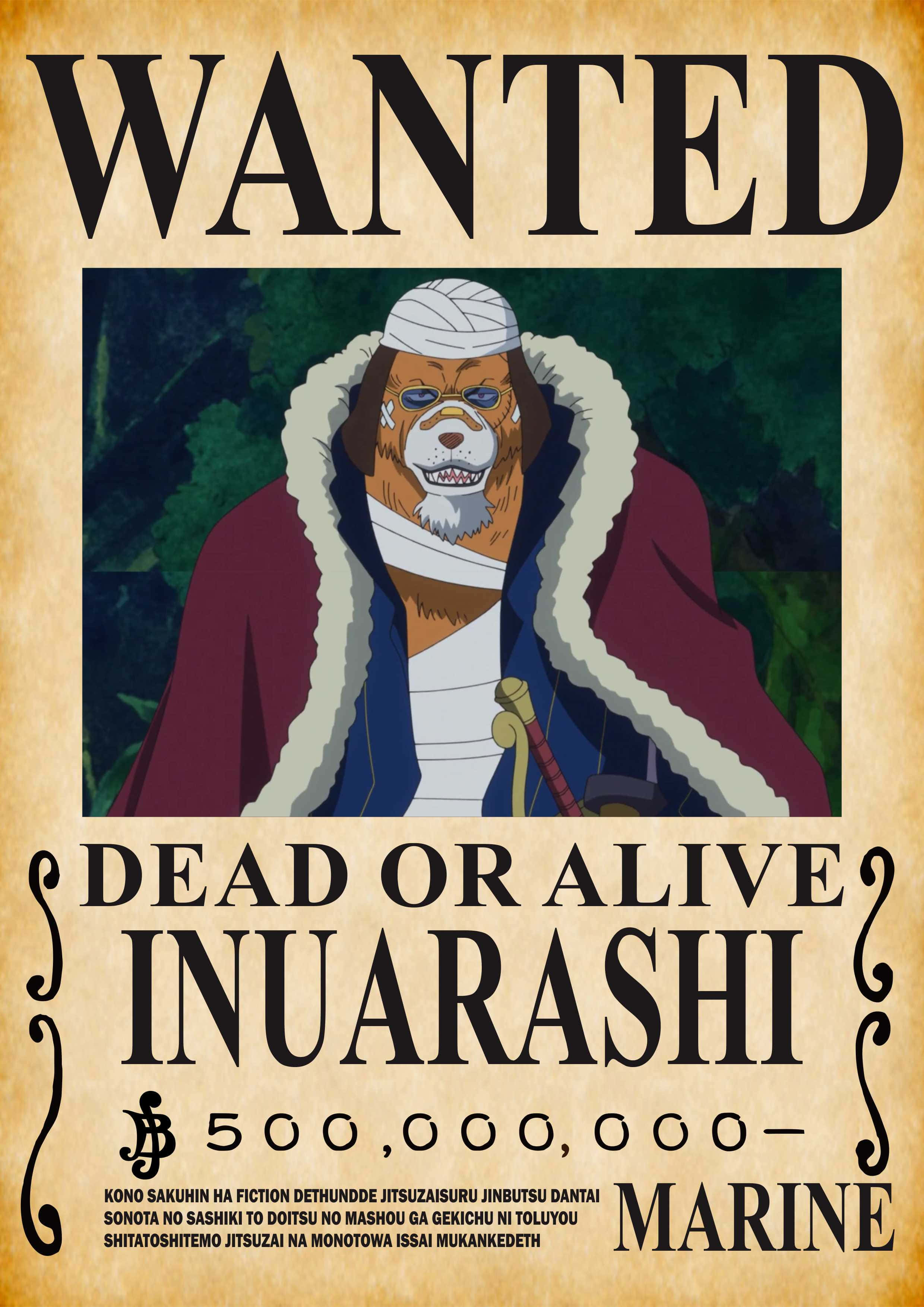 Inuarashi 桌布 壁紙 — 一張通緝海報，上面有一隻纏著繃帶、像狗的海盜，穿著紅色毛皮襯裡大衣，站在黑暗的森林中。
