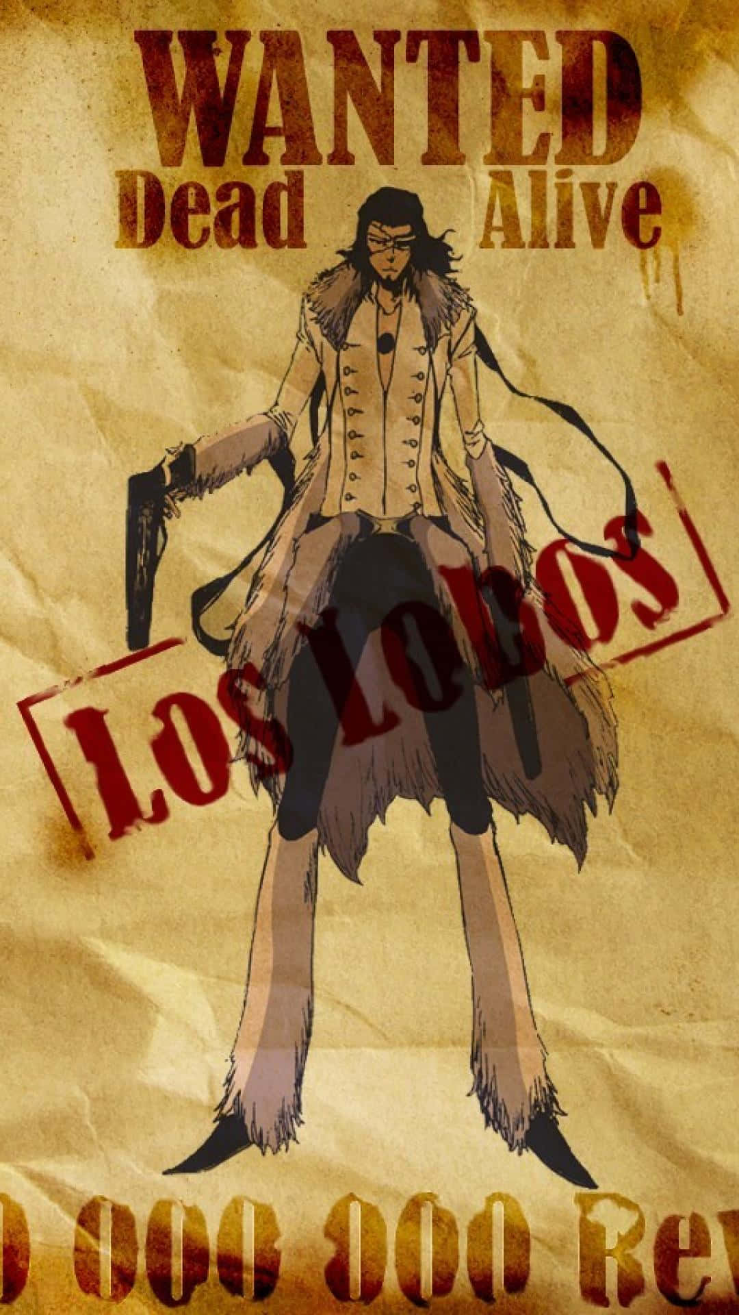 Coyote Starrk 桌布 壁紙 — 一張通緝海報插圖，描繪一位粗獷的動漫海盜，身穿毛邊大衣，手持手槍，背景為舊羊皮紙。