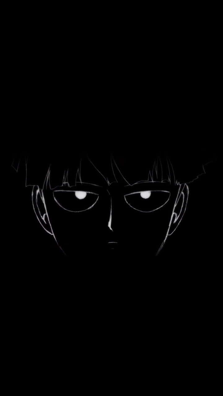Shigeo Kageyama 桌布 壁紙 — 一張銳利的動漫面孔從黑暗中浮現，帶有發光的眼睛和純黑色背景上清晰的白色輪廓。