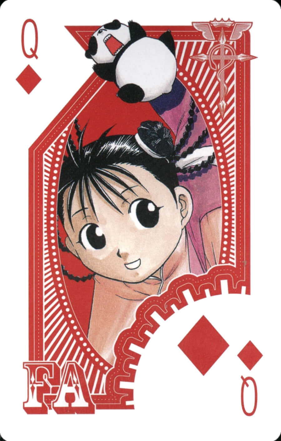 May Chang 桌布 壁紙 — 一張開心的動畫方塊皇后卡，上面有一個微笑的女孩和一隻熊貓坐在她的頭上。
