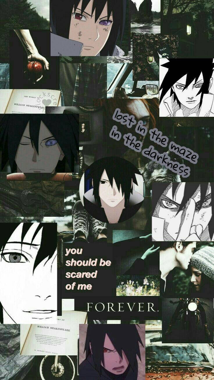 sasuke uchiha 4K 桌布 壁紙 — 一張陰暗憂鬱的動漫角色面孔和場景拼貼畫，帶有文字疊加和柔和色調。