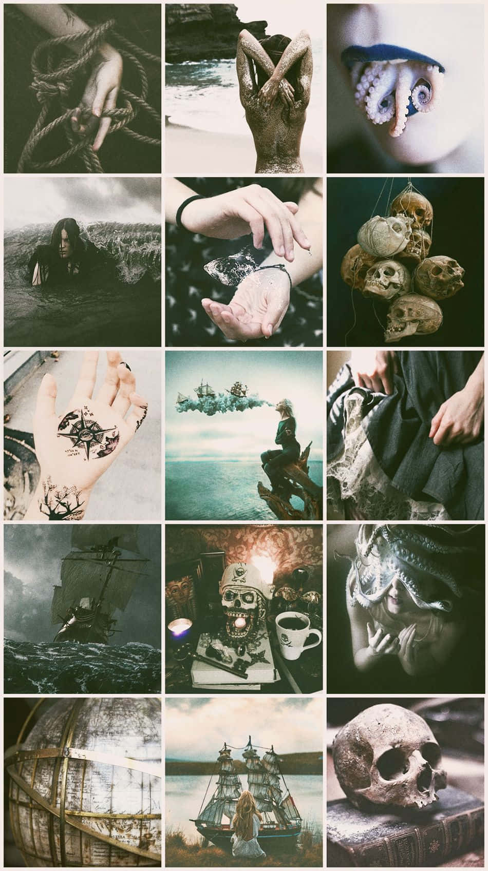 Witch Aesthetic 桌布 壁紙 — 一張陰暗氣氛的海盜主題拼貼畫，包括骷髏、手、章魚、紋身、船隻和波濤洶湧的大海。
