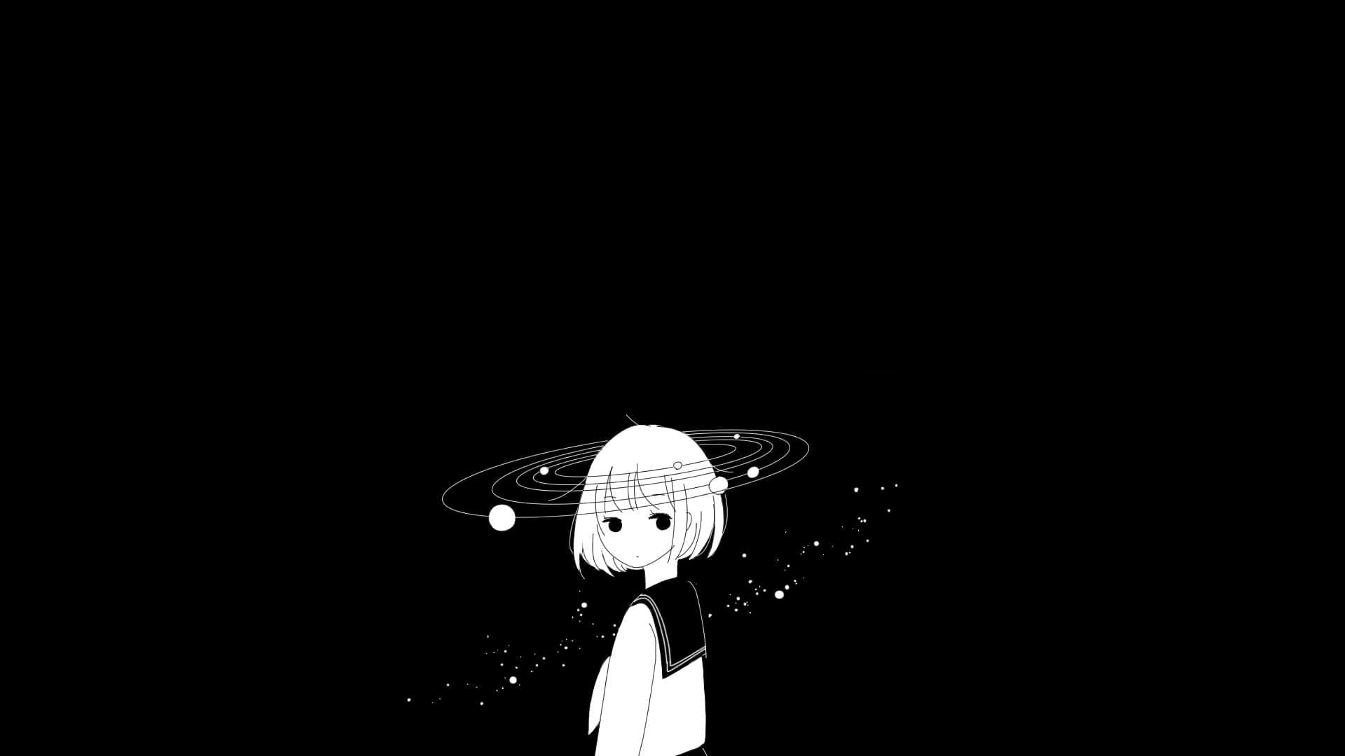 短發動漫女孩在黑色背景前被運行的行星和星星環繞。