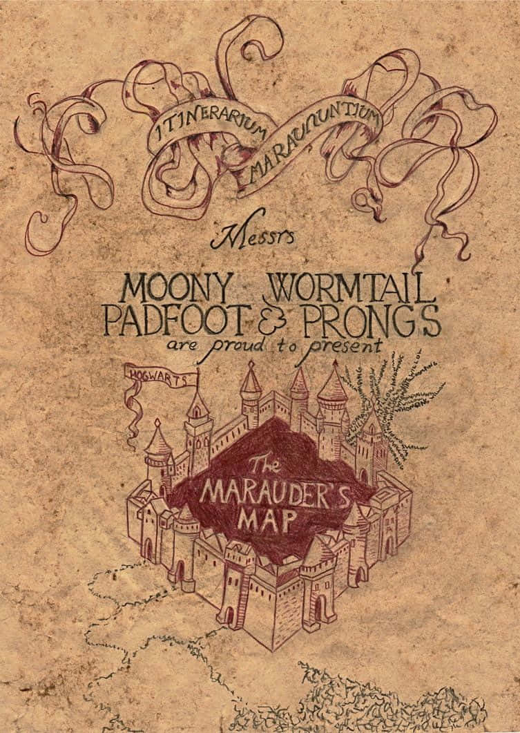 The Marauder's Map 桌布 壁紙 — 一張陳舊的羊皮紙展示了一幅手繪的霍格華茲劫盜地圖，帶有華麗的字體和城堡插圖。