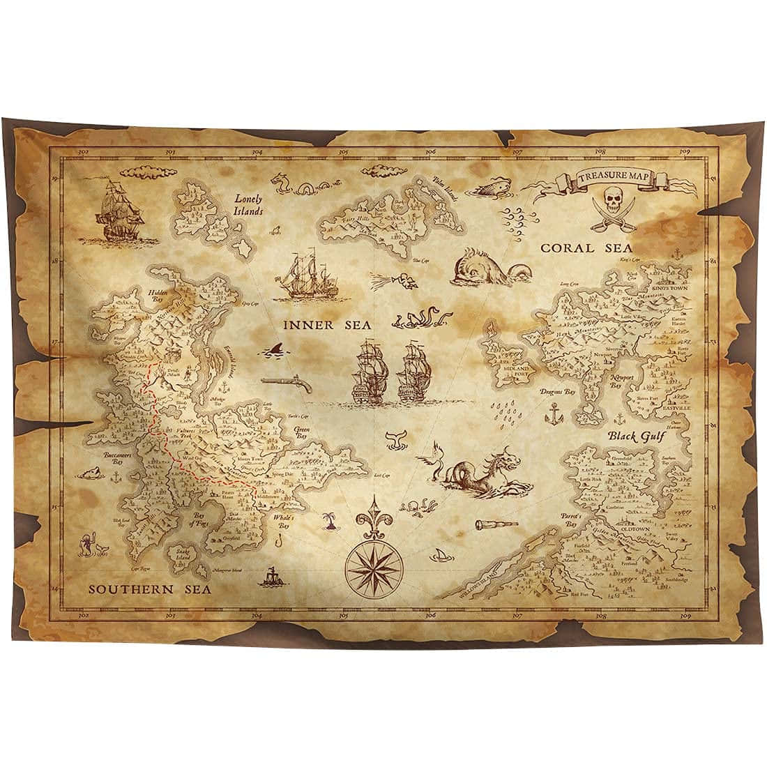 Treasure 桌布 壁紙 — 一張陳舊的羊皮紙藏寶圖，邊緣破損，顯示海洋、島嶼、船隻和一個骷髏旗幟，標示通往隱藏財富的路線。