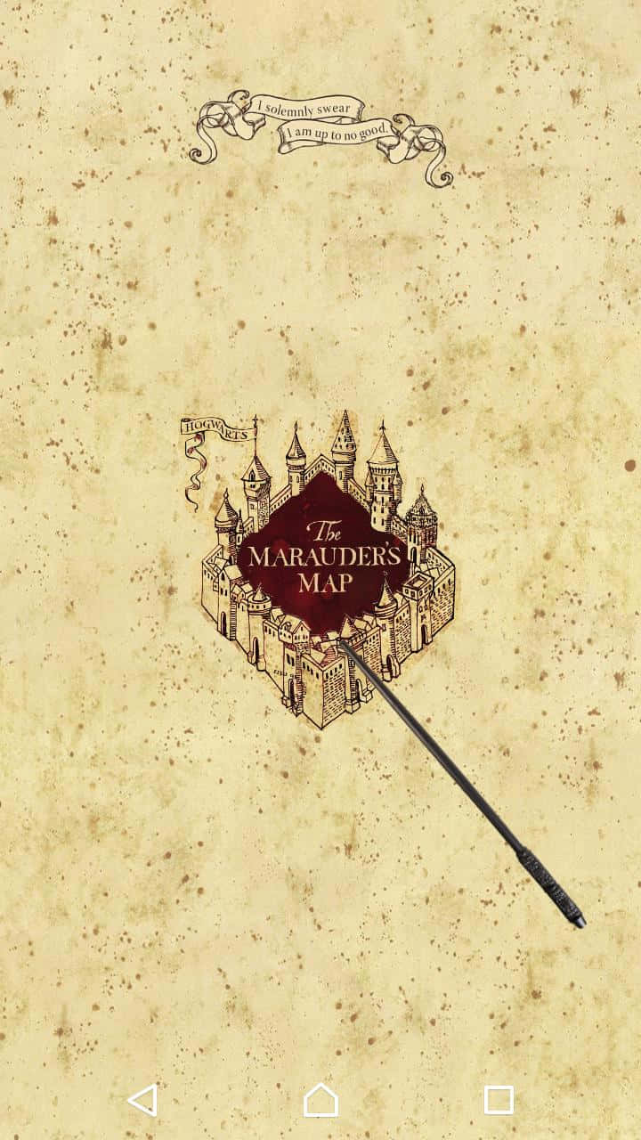 The Marauder's Map 桌布 壁紙 — 一張陳舊的羊皮紙顯示了劫盜地圖，上面有霍格華茲城堡和指向它的魔杖。