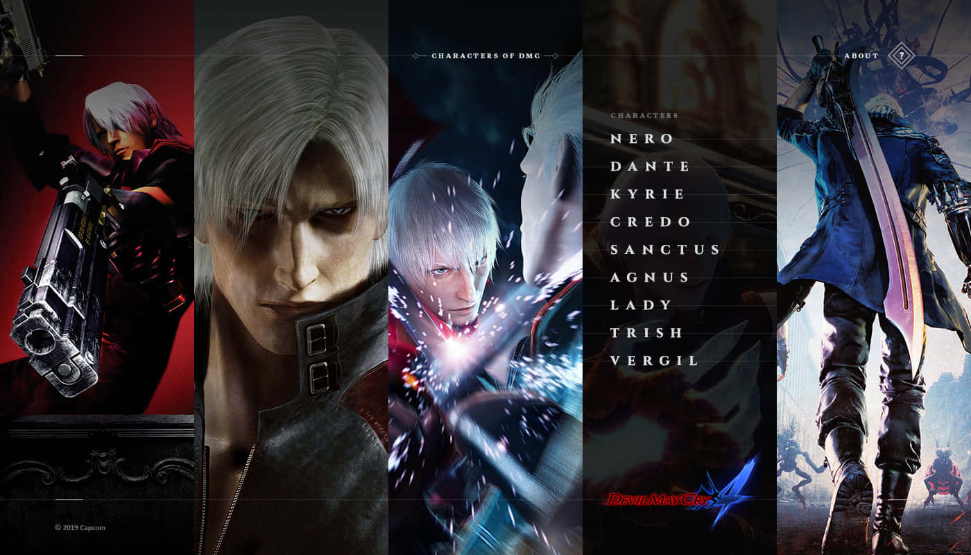 Devil May Cry Characters 桌布 壁紙 — 一張電影風格的拼貼畫，描繪《Devil May Cry》角色以動態姿勢、戲劇性燈光和強烈表情呈現。