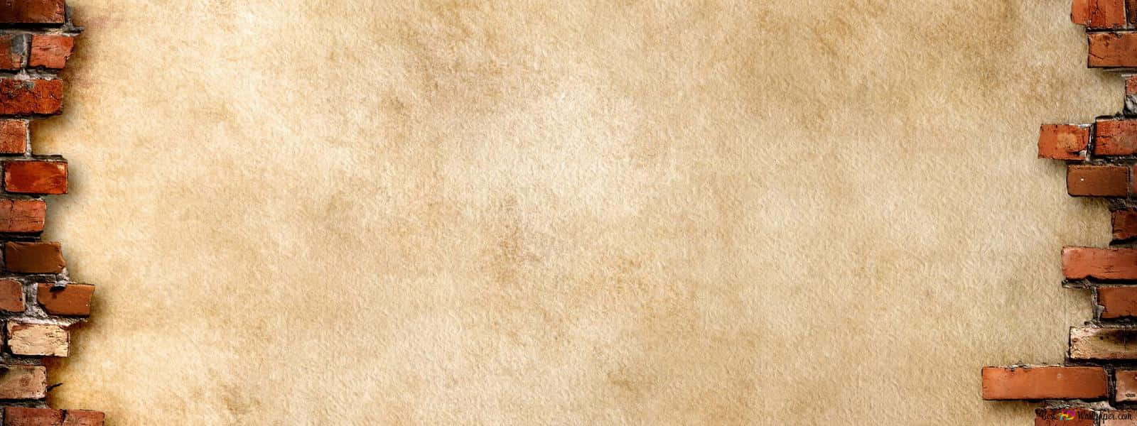 Brown Texture 桌布 壁紙 — 一張風化的羊皮紙，左右兩側由裸露的紅磚牆框住。