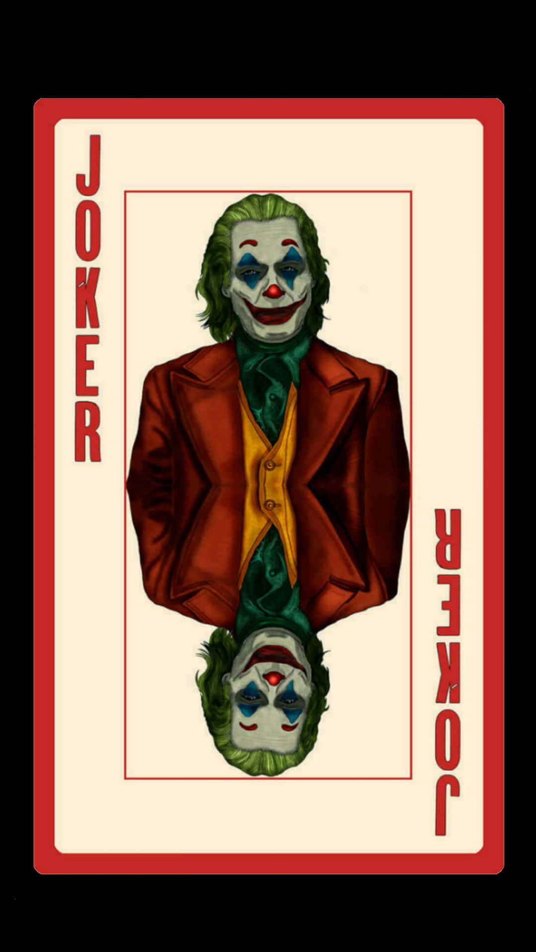 Joker Card 桌布 壁紙 — 一張風格化嘅小丑牌插圖，描繪一個微笑嘅小丑，有綠色頭髮同紅色嘴唇，垂直鏡像喺奶油色背景上，帶有紅色邊框。