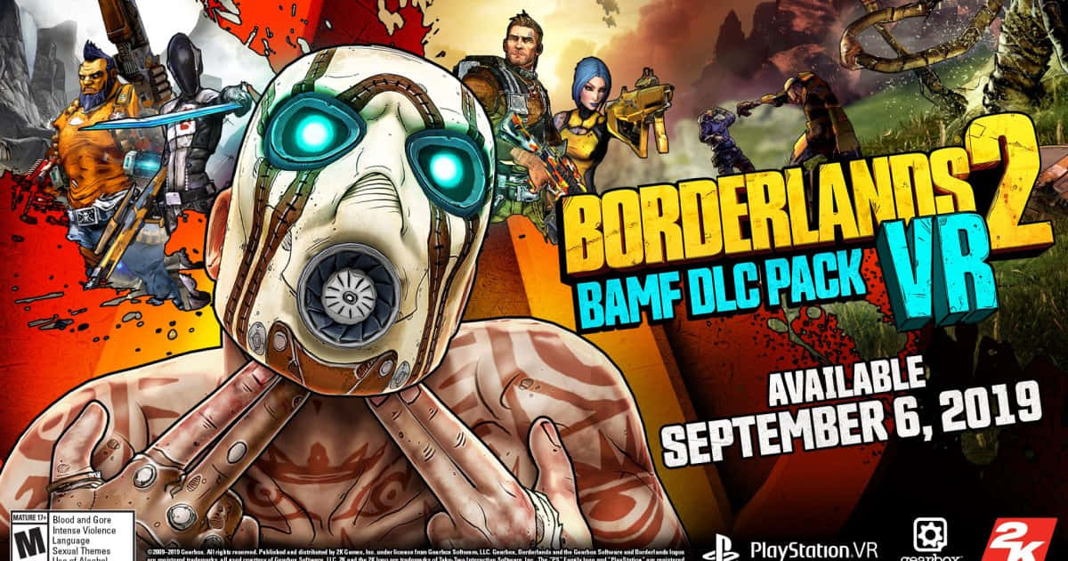 Borderlands Characters 桌布 壁紙 — 一張風格化的《邊緣禁地2 VR》遊戲海報，展示一個戴面具、眼睛發出藍光的角色，以及武裝傭兵在混亂的沙漠戰場上。