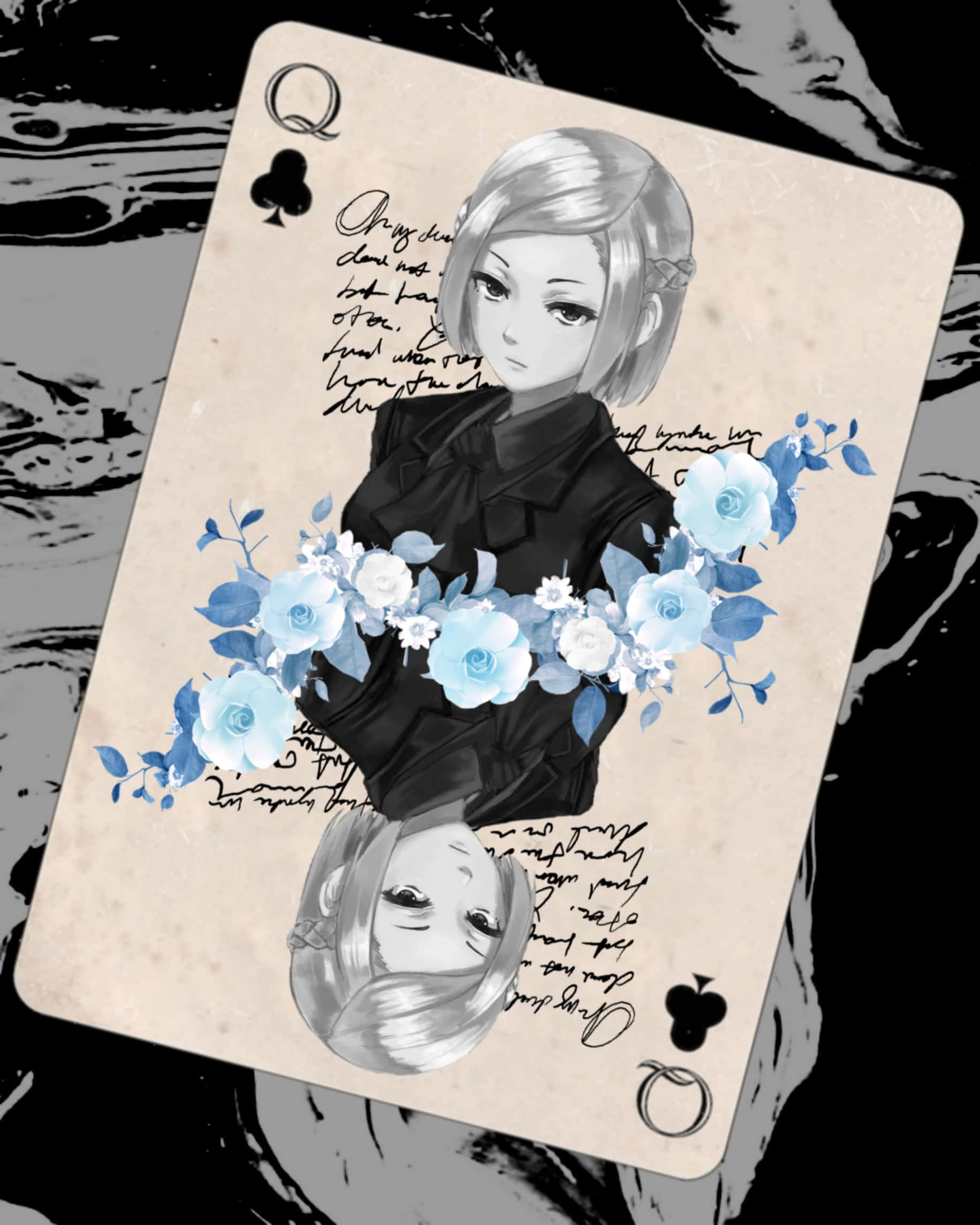 Akira Mado 桌布 壁紙 — 一張風格化的動畫梅花皇后卡牌，飾有藍色玫瑰和手寫文字，背景為粗獷的黑白色。