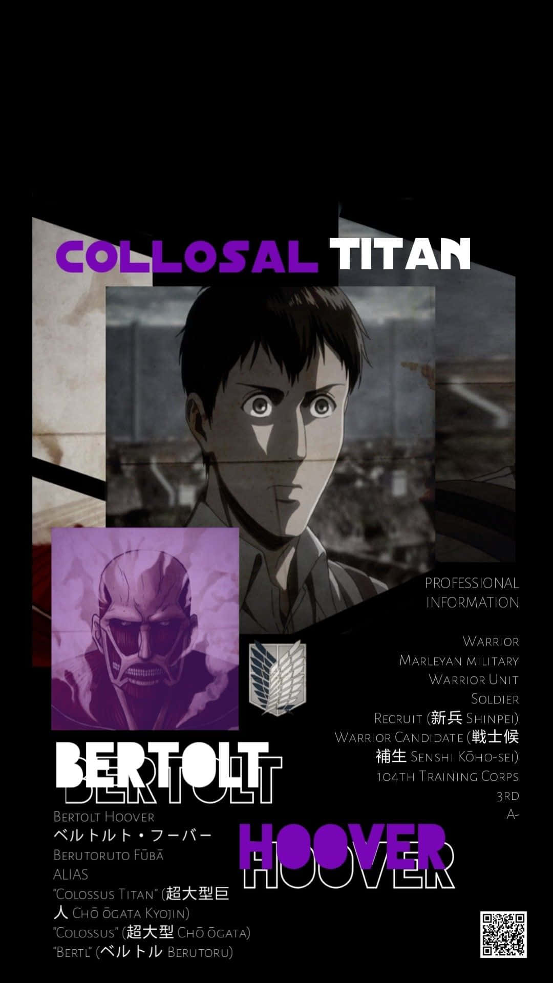 Bertholdt Hoover 桌布 壁紙 — 一張風格化的動畫海報，描繪貝爾托特·胡佛作為超大型巨人，帶有紫色點綴和軍事細節。
