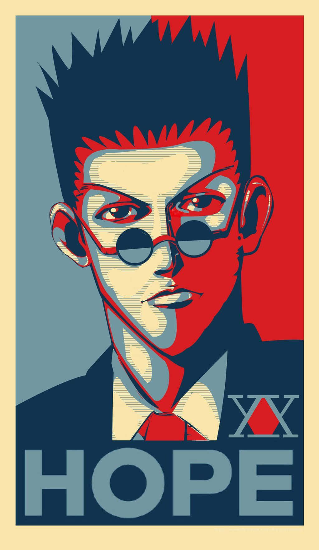 Leorio Paradinight 桌布 壁紙 — 一張風格化的海報，上面有一個頭髮尖尖、戴著圓框眼鏡的男人，背景是紅色和藍色，並帶有 HOPE 字樣。