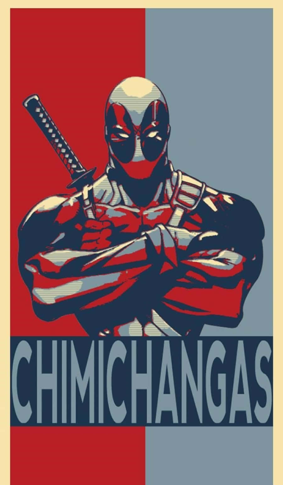 Chimichangas 桌布 壁紙 — 一張風格化的海報，描繪一位戴面具的超級英雄手持武士刀，下方有醒目的紅色和藍色色塊以及 chimichangas 字樣。