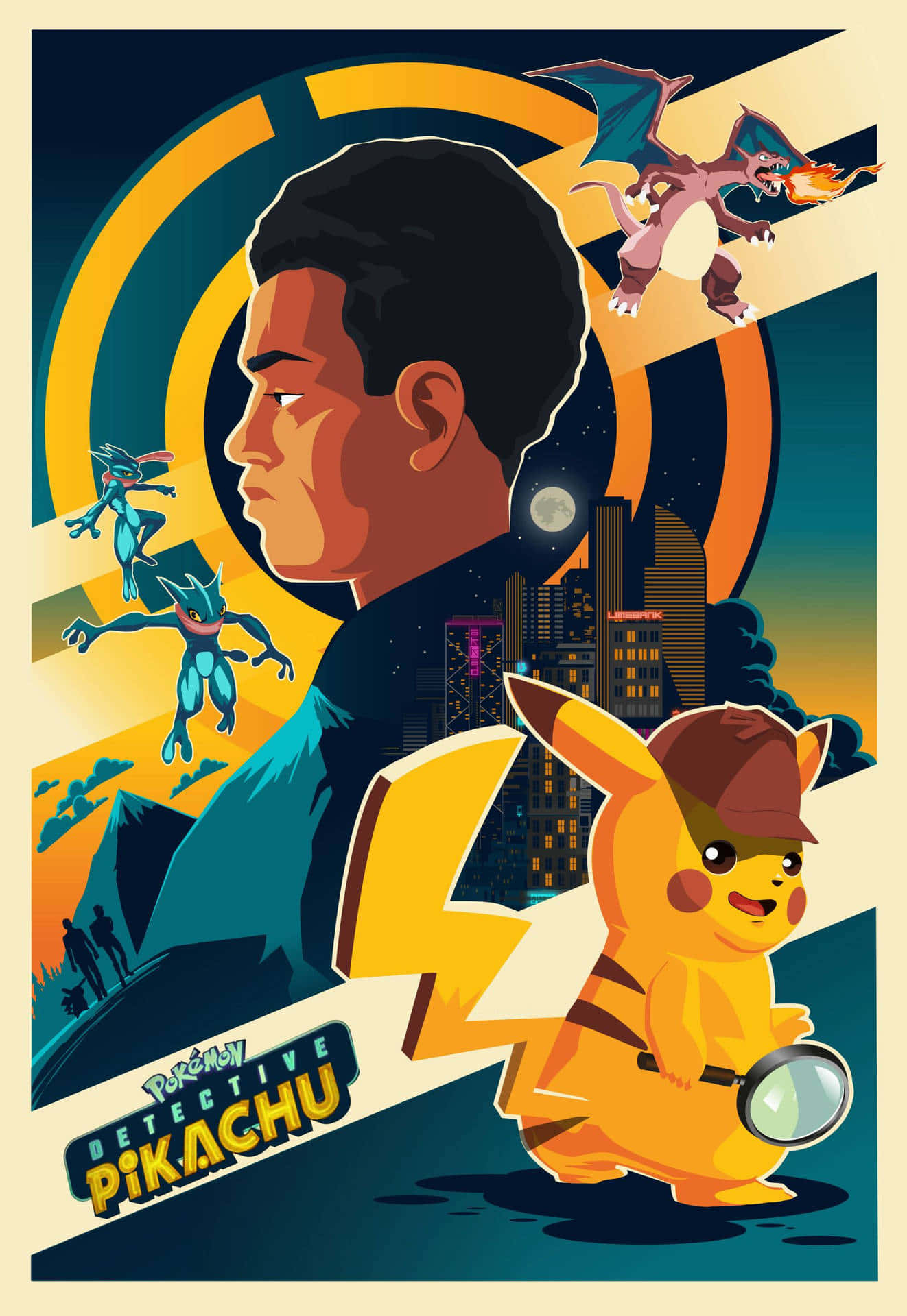 Pokemon Posters 桌布 壁紙 — 一張風格化的海報，描繪了名偵探皮卡丘和一個年輕男子與飛行寶可夢，背景是夜晚的城市天際線。