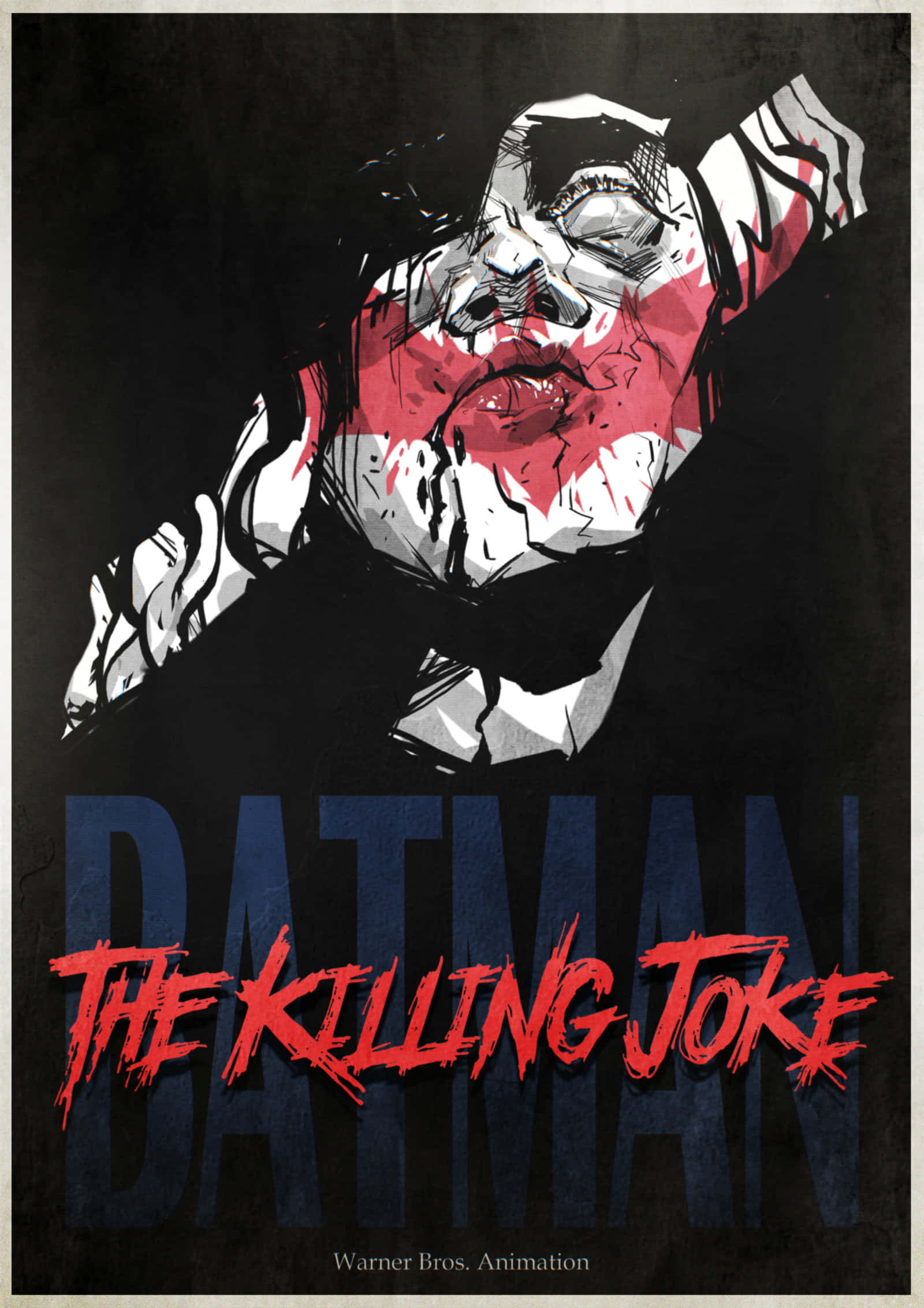 Batman The Killing Joke 桌布 壁紙 — 一張風格化的漫畫海報，描繪小丑滿臉鮮血、高舉雙臂，背景為深色。