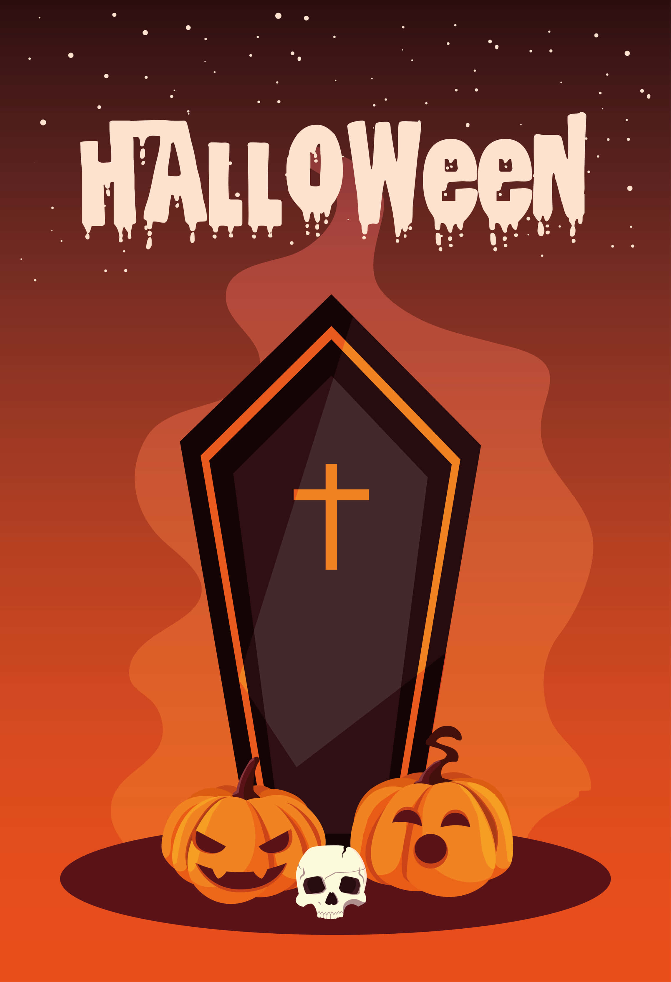 Halloween Coffins 桌布 壁紙 — 一張風格化的萬聖節海報，展示一個帶有十字架的黑色棺材，兩側是兩個南瓜燈和一個頭骨，背景是橙色漸變的天空，帶有滴落的文字。