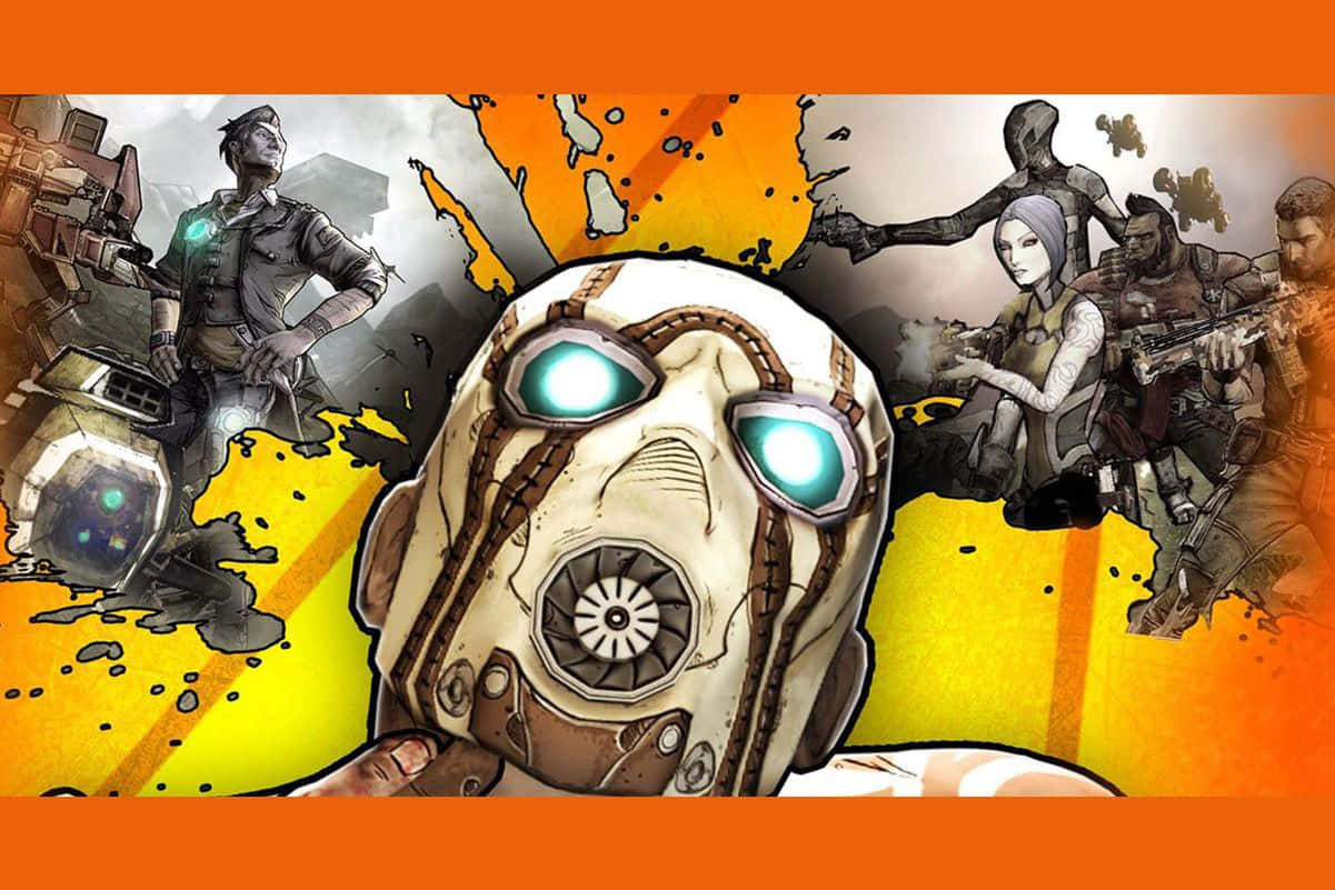 Borderlands Characters 桌布 壁紙 — 一張風格化的遊戲海報，展示一個發光眼睛的機械頭部，以及穿著戰鬥裝備的角色，背景是火熱的橙色和黃色。