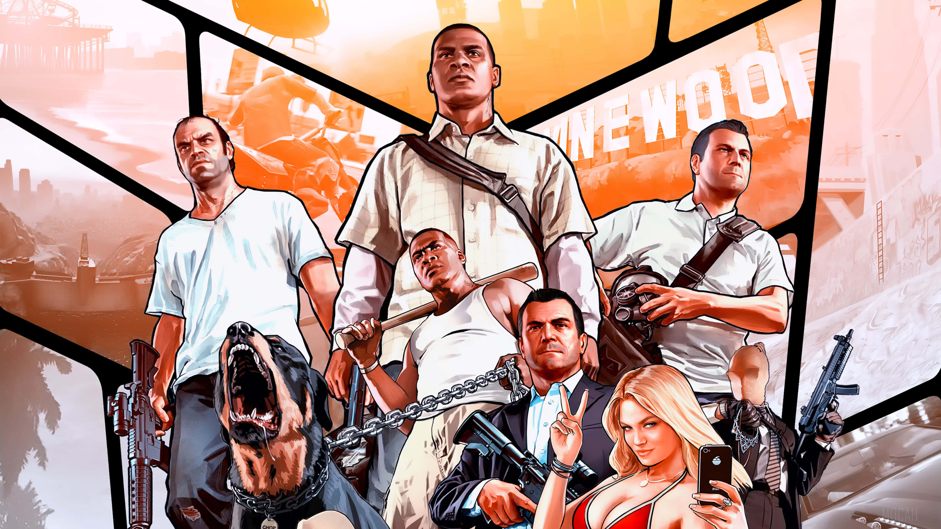 Gta 5 4K 桌布 壁紙 — 一張風格化的遊戲海報，展示六名武裝男子和一隻吠叫的洛威拿犬，背景是破碎的城市景觀。
