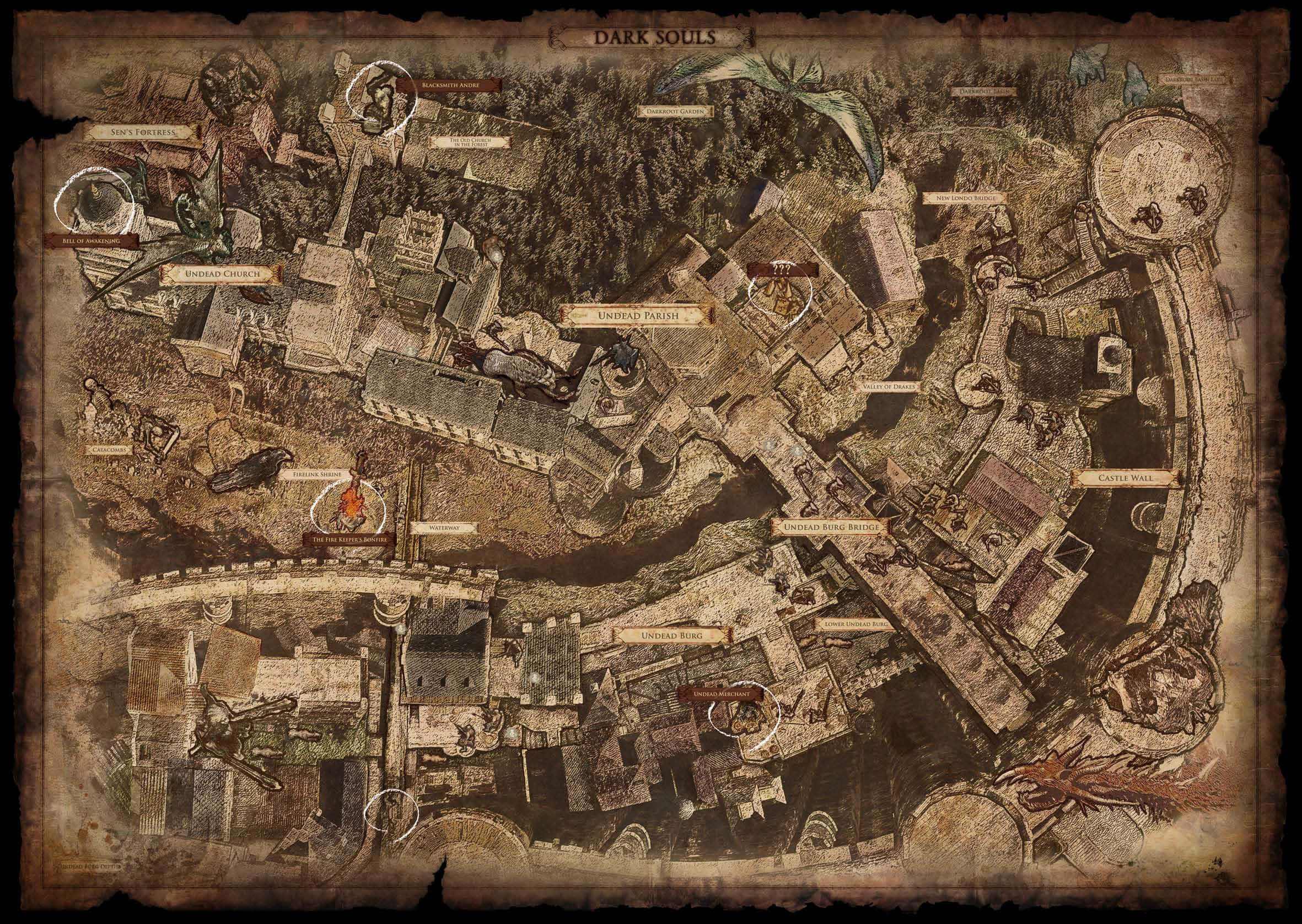 Dark Souls Map 桌布 壁紙 — 一張飽經風霜的羊皮紙地圖，展示黑暗靈魂遊戲世界的詳細地點和路徑，採用懷舊的棕褐色調。