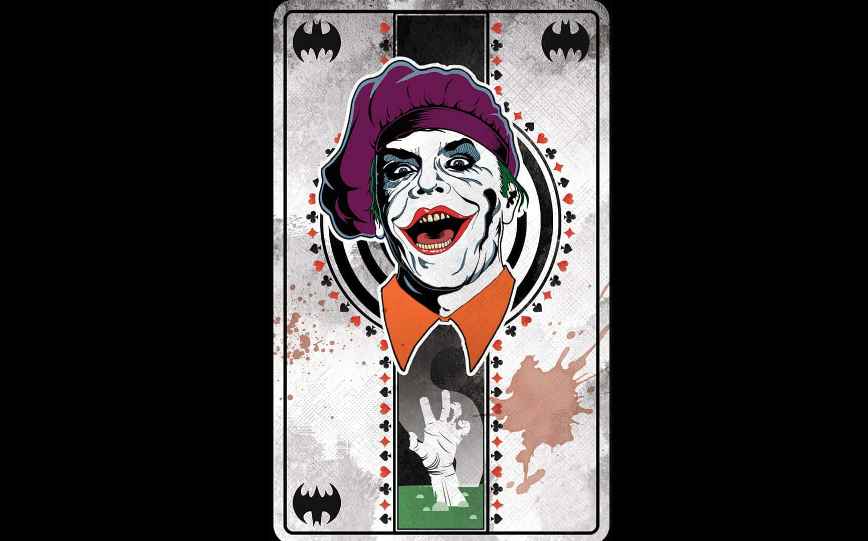 Joker Card 桌布 壁紙 — 一張骯髒嘅啤牌上嘅風格化小丑肖像，帶有蝙蝠俠符號同油漆濺點。