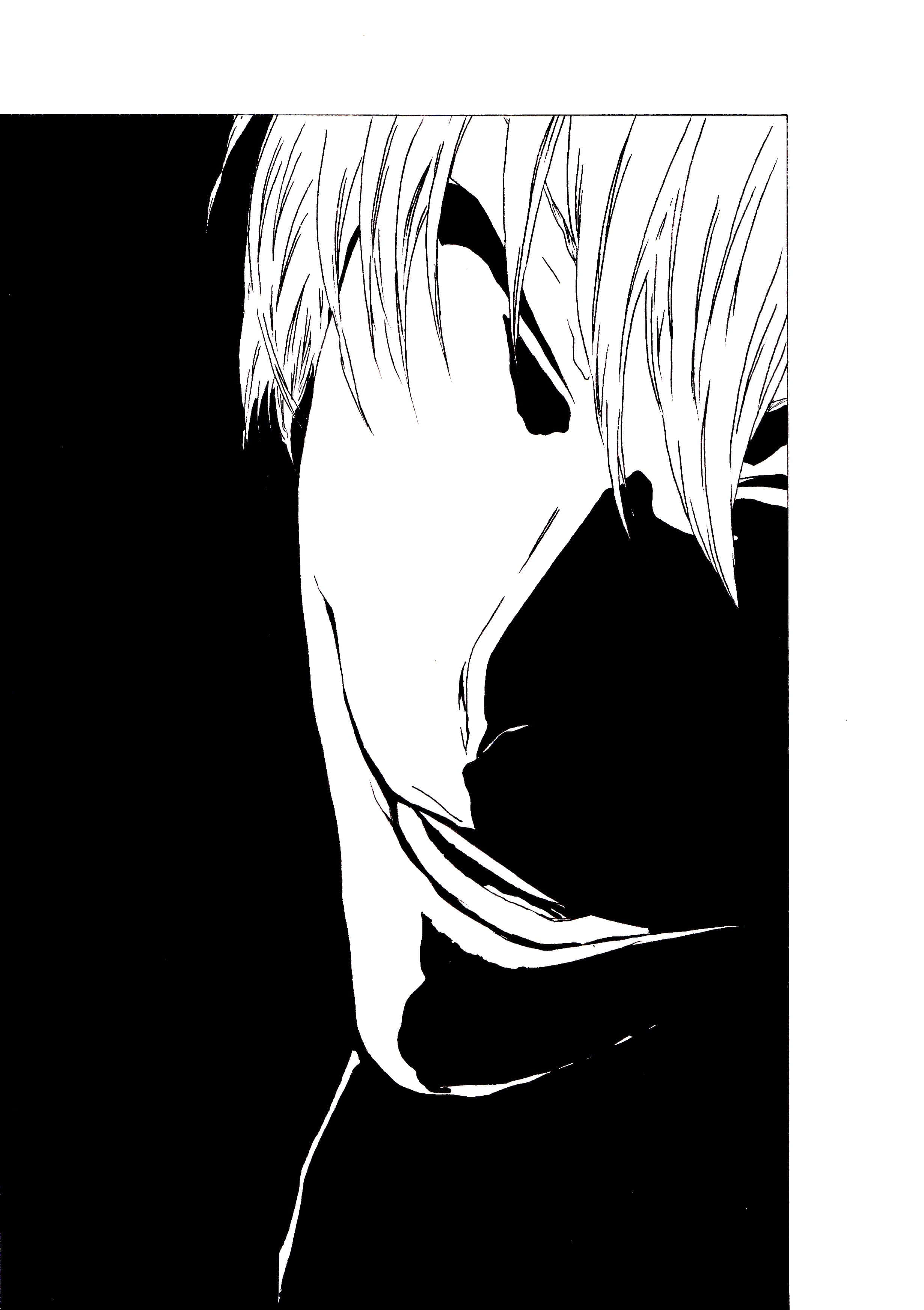 Gin Ichimaru 桌布 壁紙 — 一張高對比度的黑白動畫肖像，描繪一個頭髮尖刺的人物，呈現戲劇性的側面輪廓。