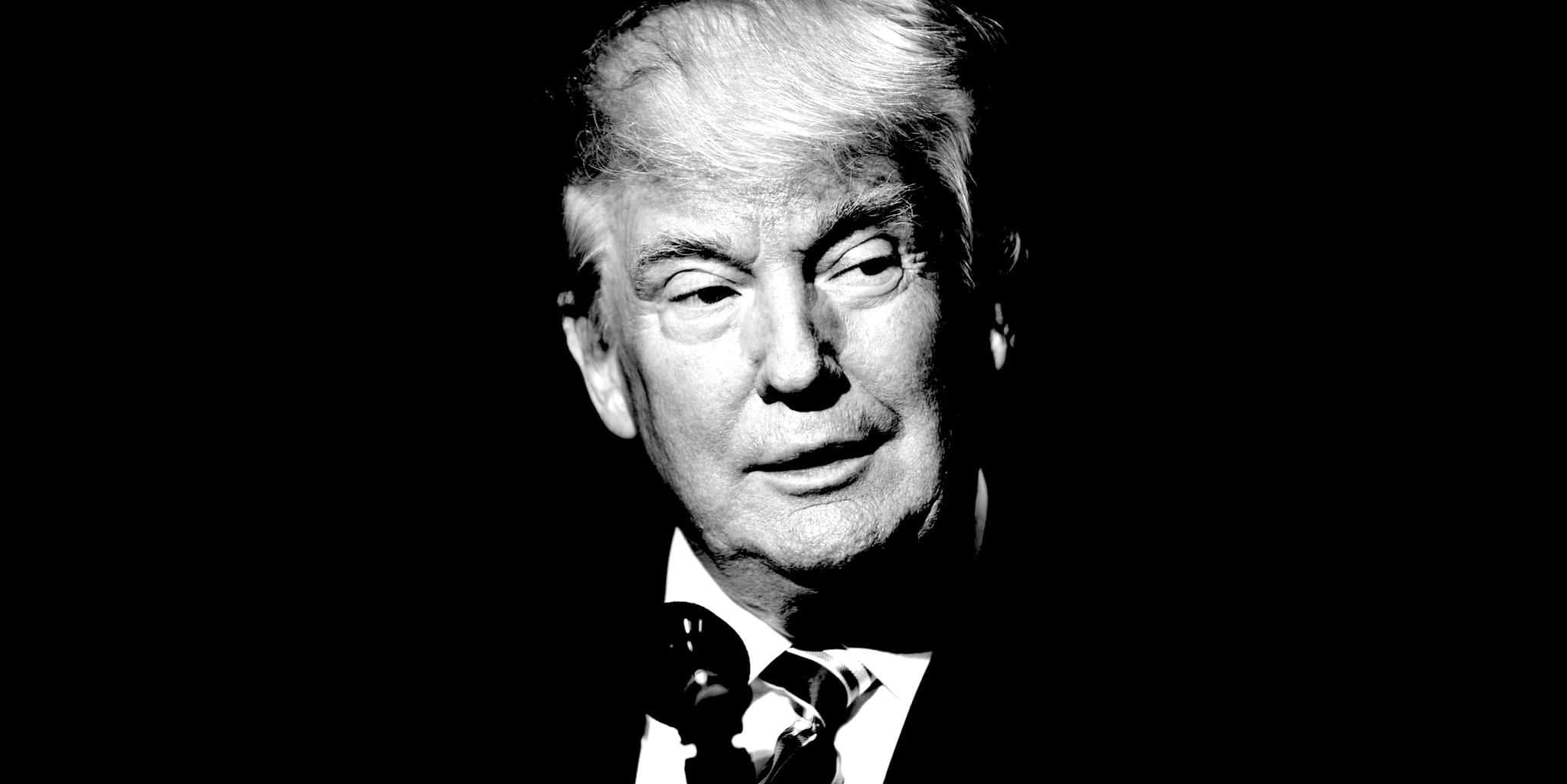trump 桌布 壁紙 — 一張高對比度的黑白肖像，唐納德·特朗普身穿西裝，背景深色。