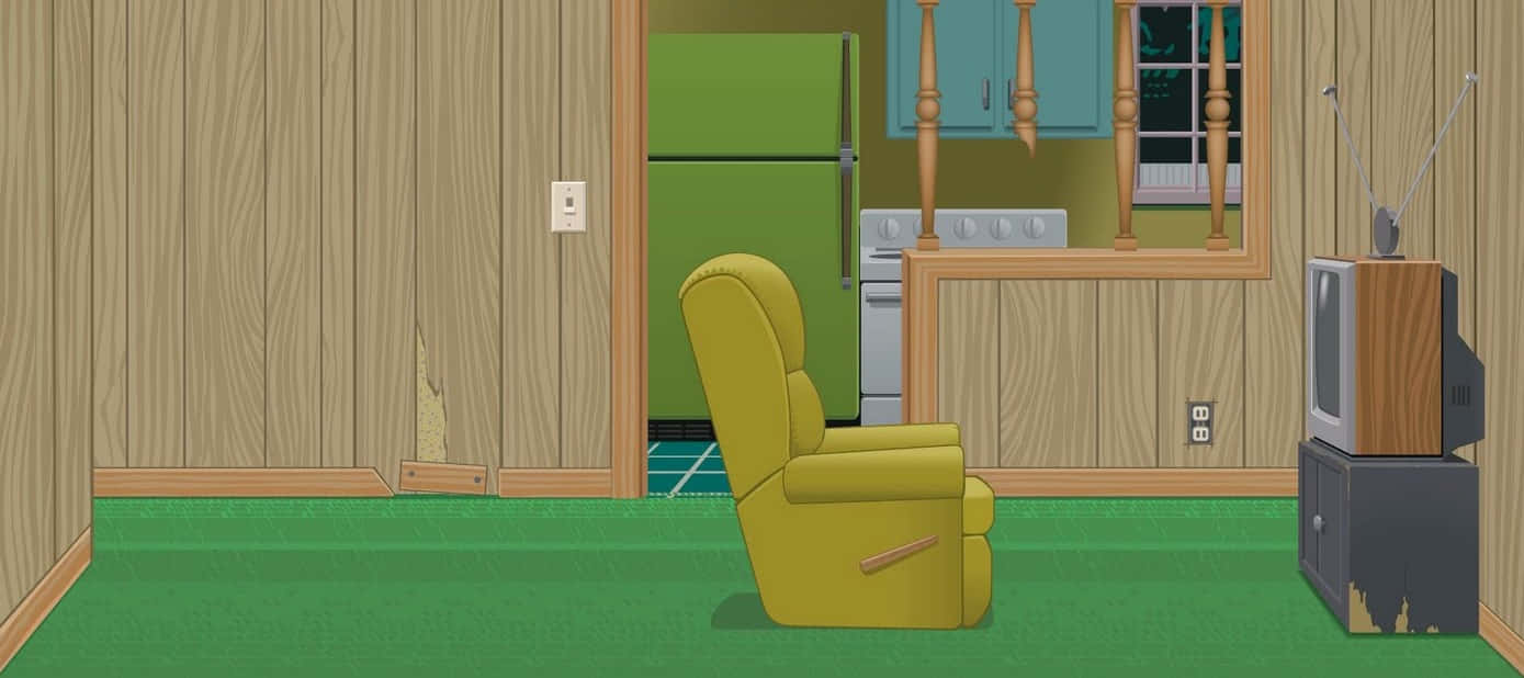 Aqua Teen Hunger Force 桌布 壁紙 — 一張黃色躺椅放在舖有綠色地毯、配有復古電視的復古木牆客廳中。