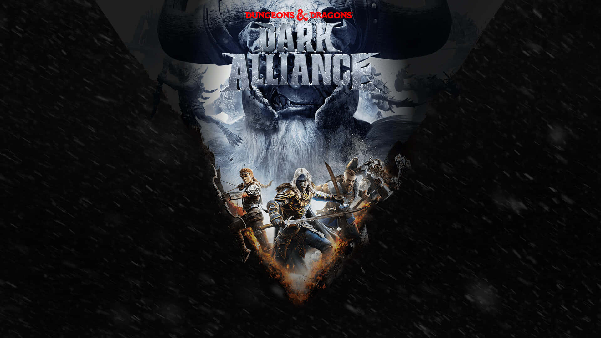 Dark Alliance 桌布 壁紙 — 一張黑暗奇幻遊戲海報，描繪四位戰士勇敢地站在一個擁有發光眼睛的怪異骷髏頭前，雪花飄落。