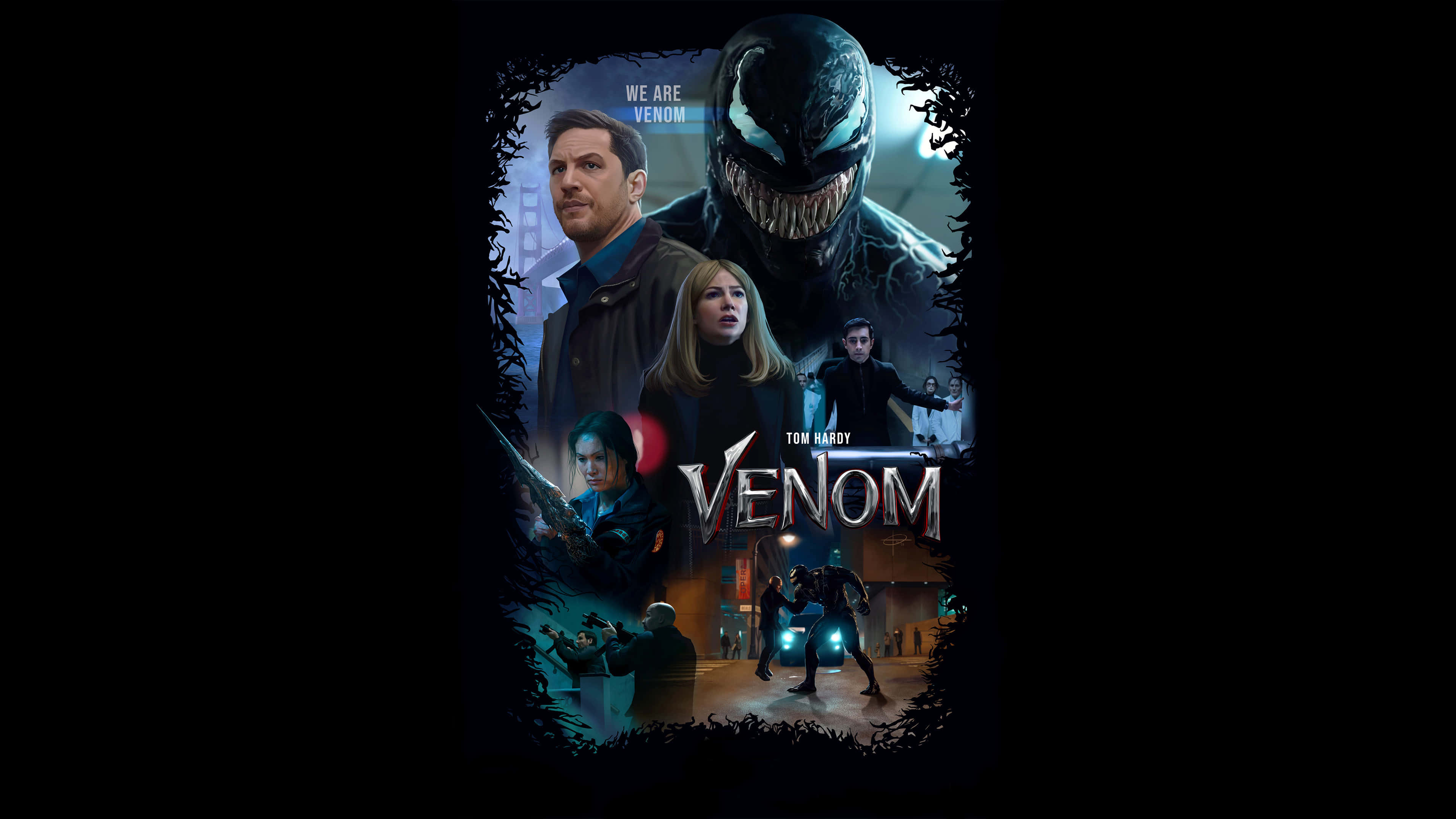 Tom Hardy Venom 桌布 壁紙 — 一張黑暗風格的《毒魔》電影海報，以城市為背景，艾迪·布洛克與共生體眼睛發光。